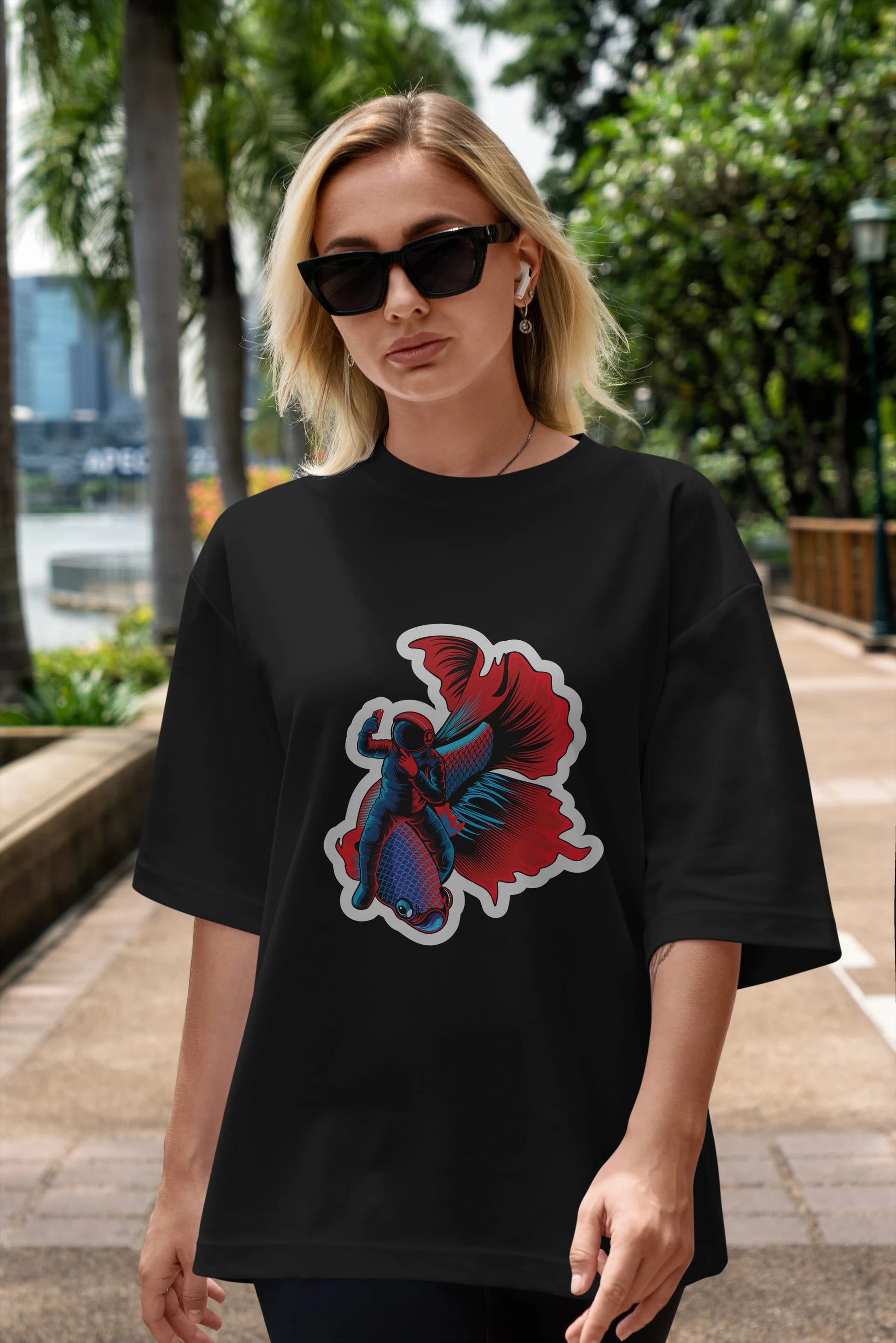Astrofish selfie sticker Ön Baskılı Oversize t-shirt Erkek Kadın Unisex