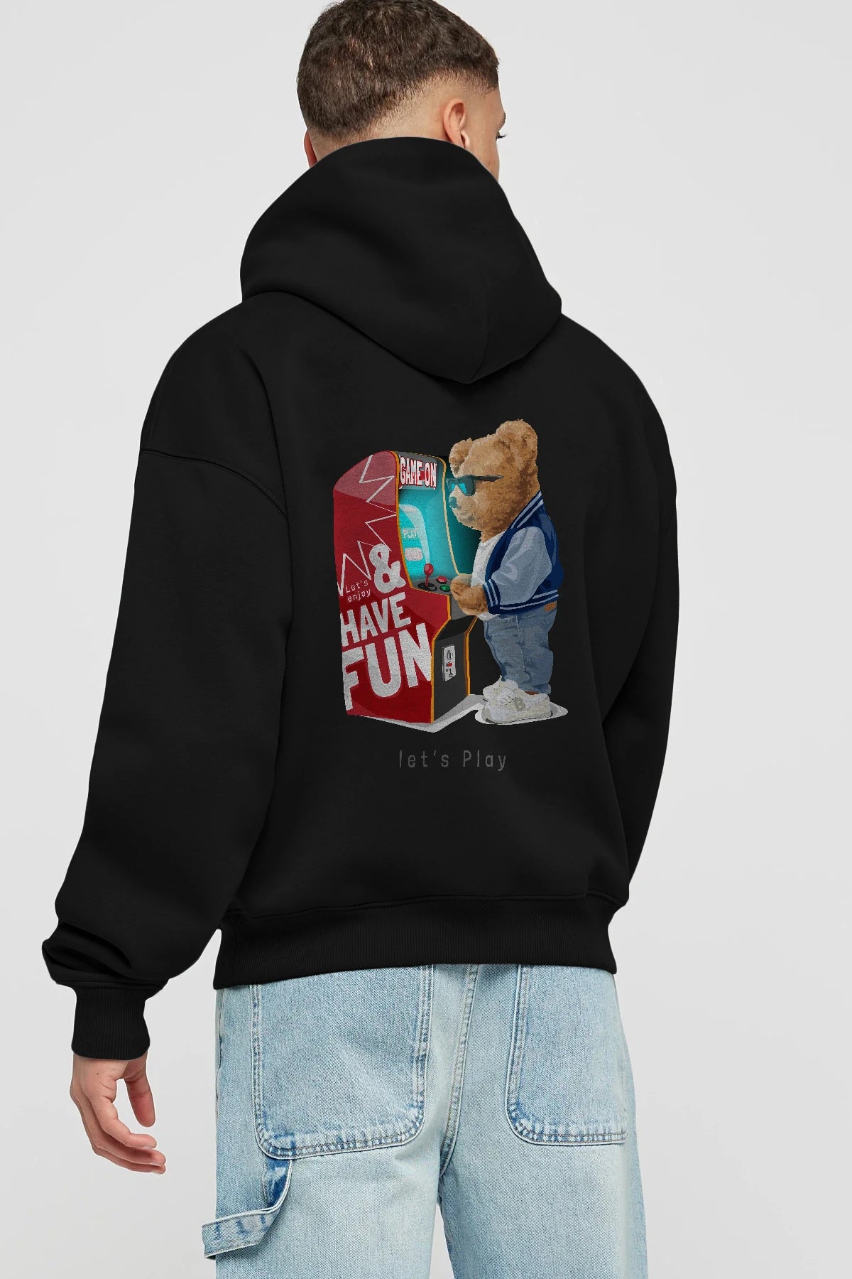 Teddy Bear Lets Play Arka Baskılı Hoodie Oversize Kapüşonlu Sweatshirt Erkek Kadın Unisex