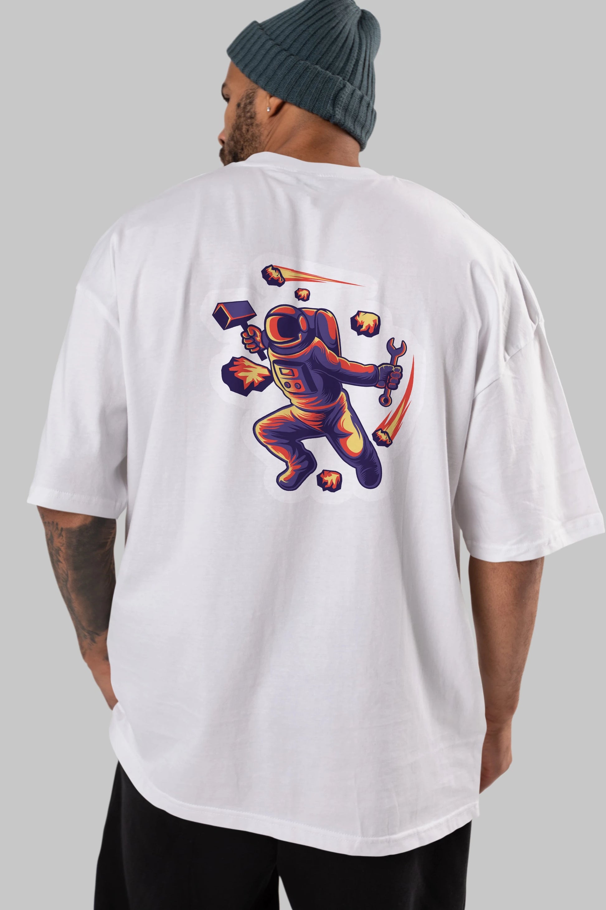 Astronaut Block Meteor Sticker Arka Baskılı Oversize t-shirt Erkek Kadın Unisex