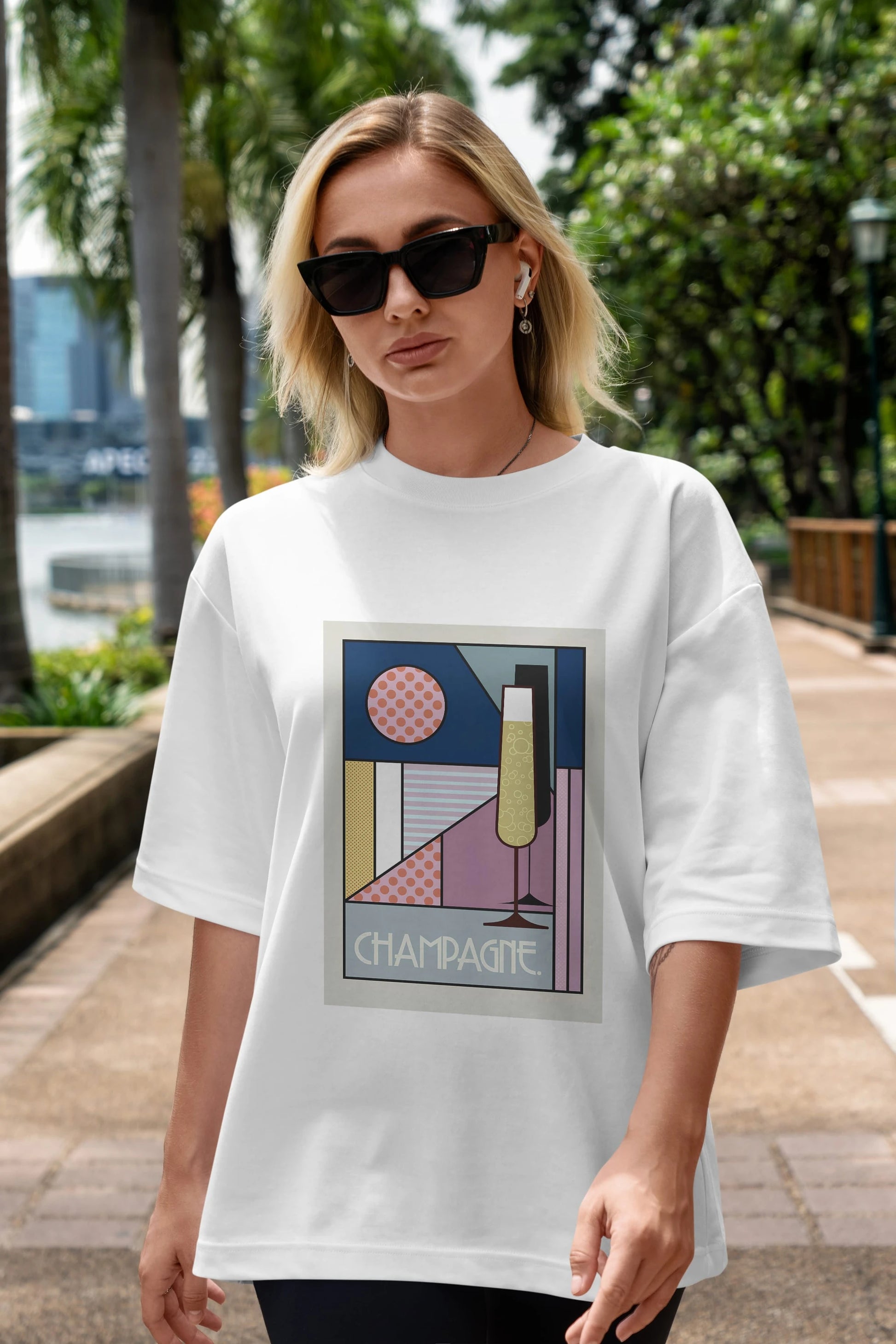 Champagne Ön Baskılı Oversize t-shirt Erkek Kadın Unisex %100 Pamuk Bisiklet Yaka tişort