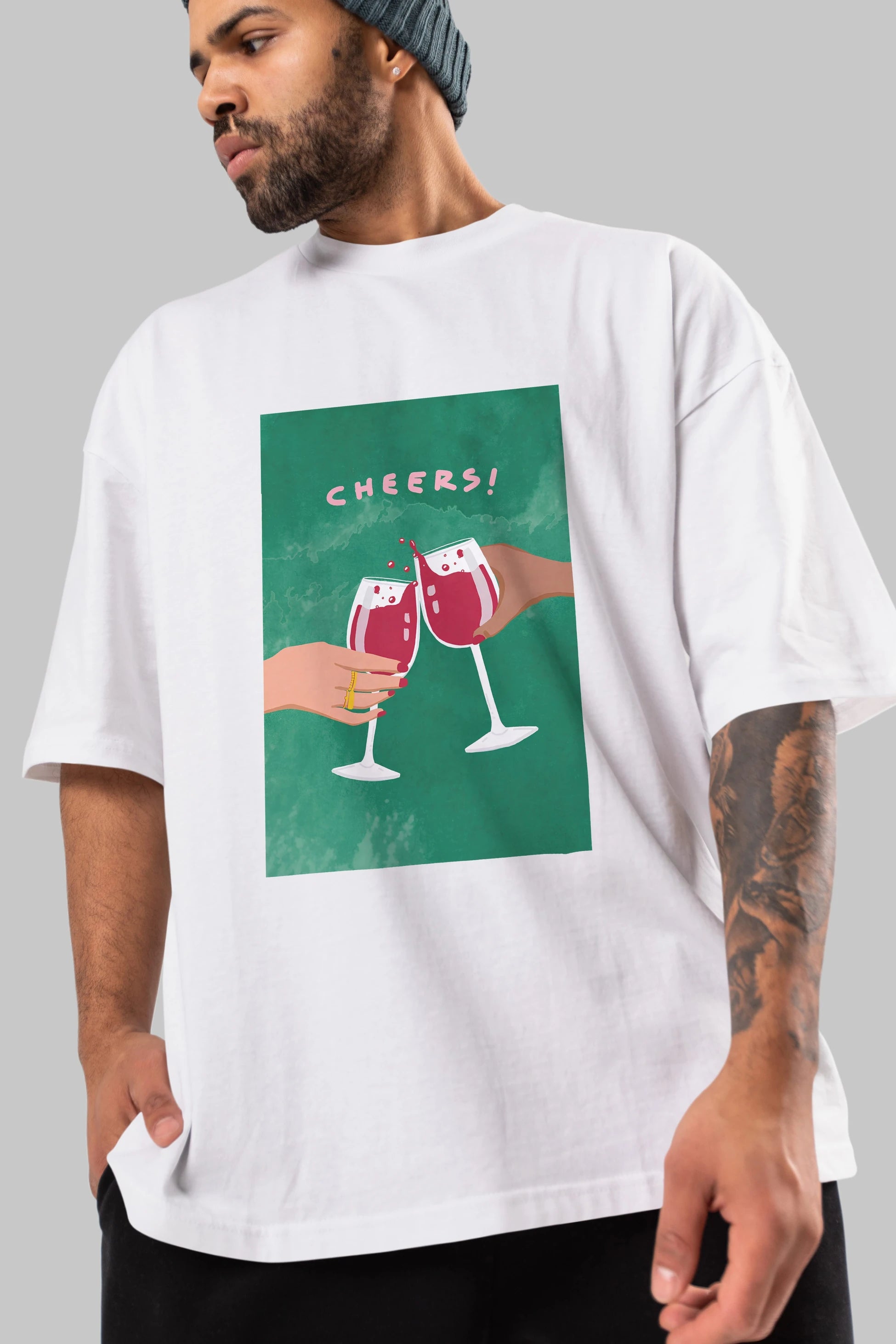 Cheers Ön Baskılı Oversize t-shirt Erkek Kadın Unisex %100 Pamuk Bisiklet Yaka tişort
