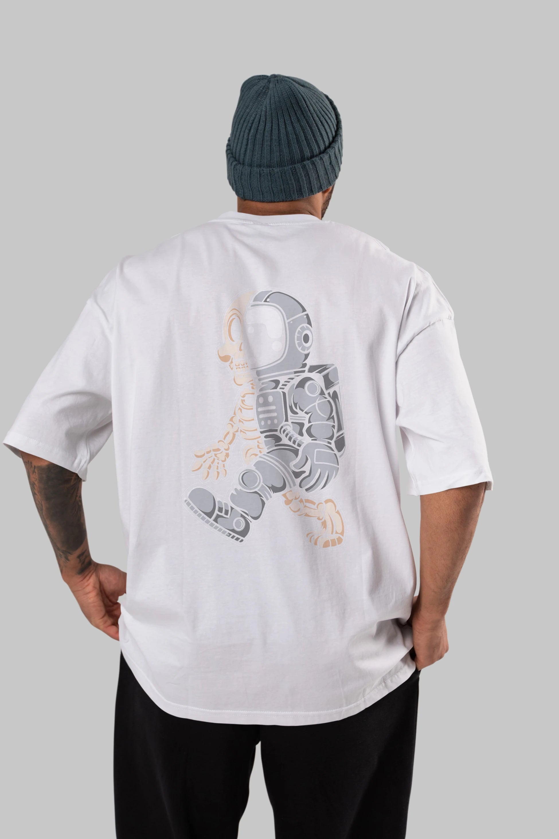 Astronaut Half Skull Arka Baskılı Oversize t-shirt Erkek Kadın Unisex
