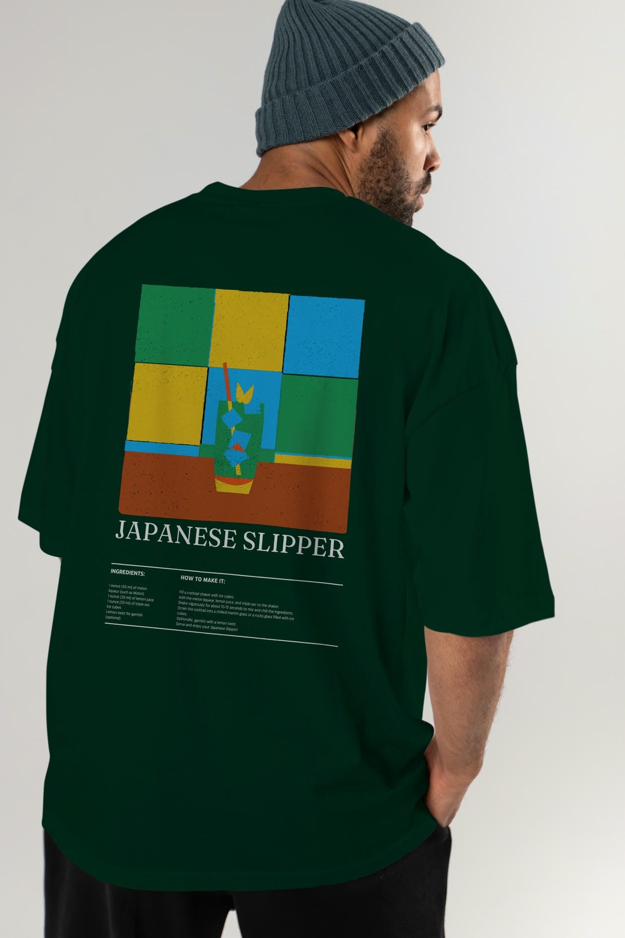 Japanese Slipper Kokteyl Serisi Arka Baskılı Oversize t-shirt Erkek Kadın %100 Pamuk Bisiklet Yaka tişort