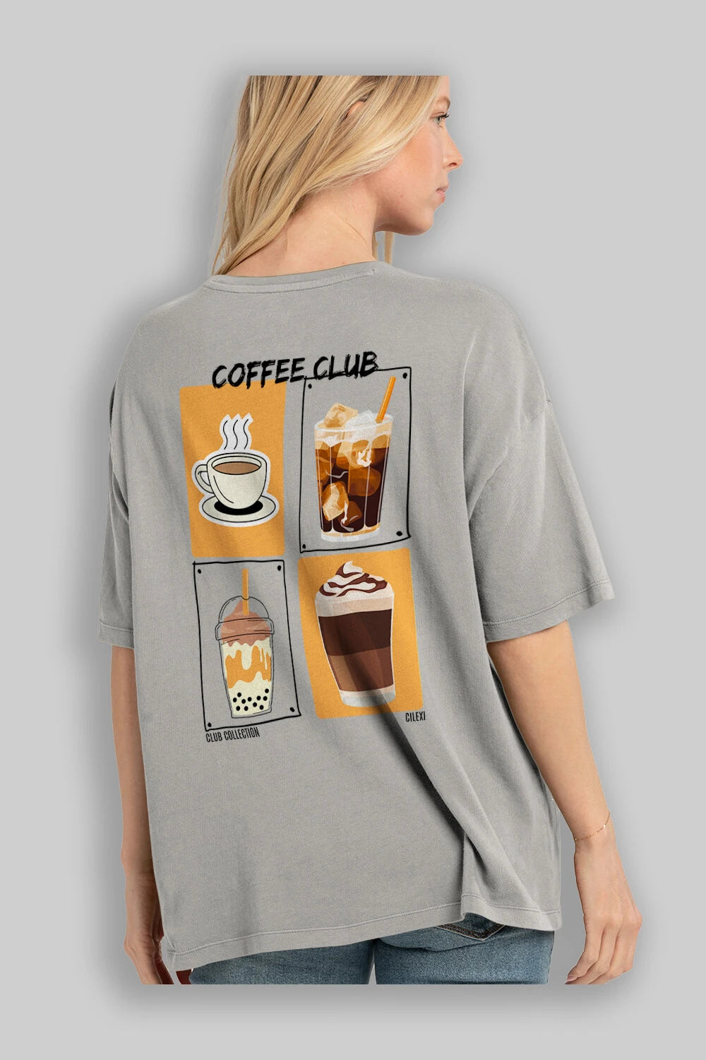 Coffee Club Arka Baskılı Oversize t-shirt Erkek Kadın %100 Pamuk Bisiklet Yaka tişort