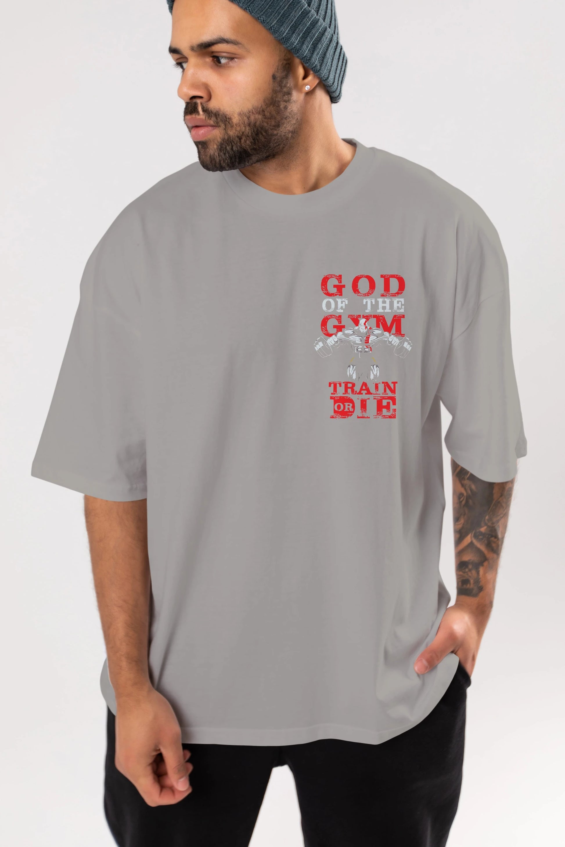 God of The GYM Ön Sol Baskılı Oversize t-shirt Erkek Kadın Unisex %100 Pamuk Bisiklet Yaka tişort