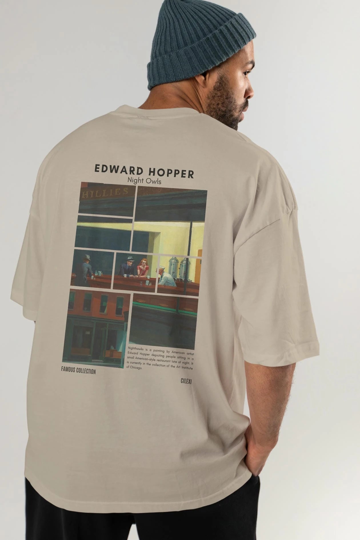 Edward Hopper Night Owls Arka Baskılı Oversize t-shirt Erkek Kadın Bisiklet Yaka Pamuk tişort