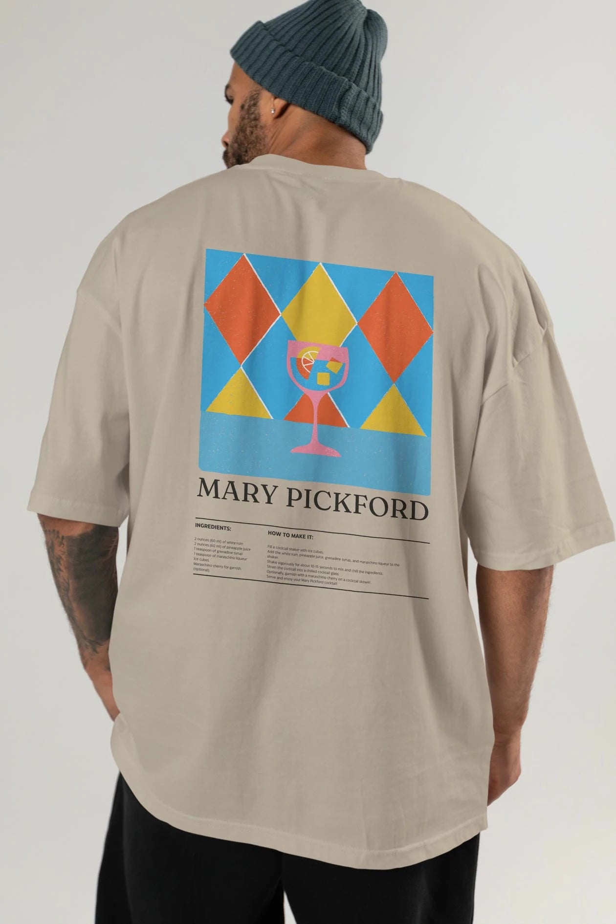 Mary Pickford Kokteyl Serisi Arka Baskılı Oversize t-shirt Erkek Kadın %100 Pamuk Bisiklet Yaka tişort