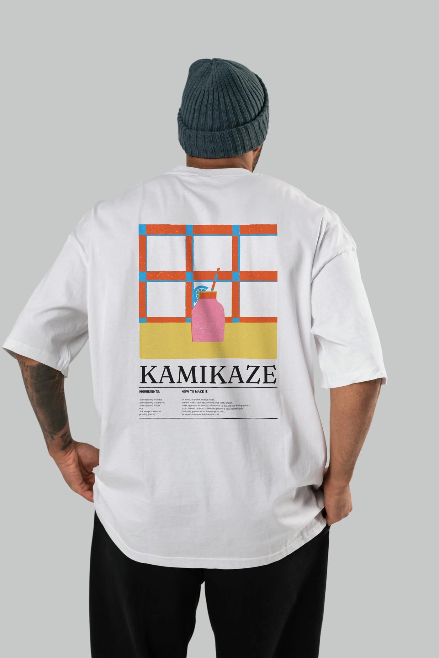 Kamikaze Kokteyl Serisi Arka Baskılı Oversize t-shirt Erkek Kadın %100 Pamuk Bisiklet Yaka tişort