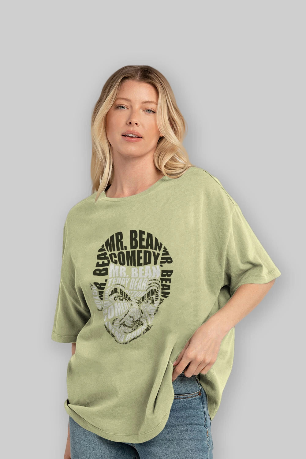 Mr Bean Calligram Ön Baskılı Oversize t-shirt %100 pamuk Erkek Kadın Unisex