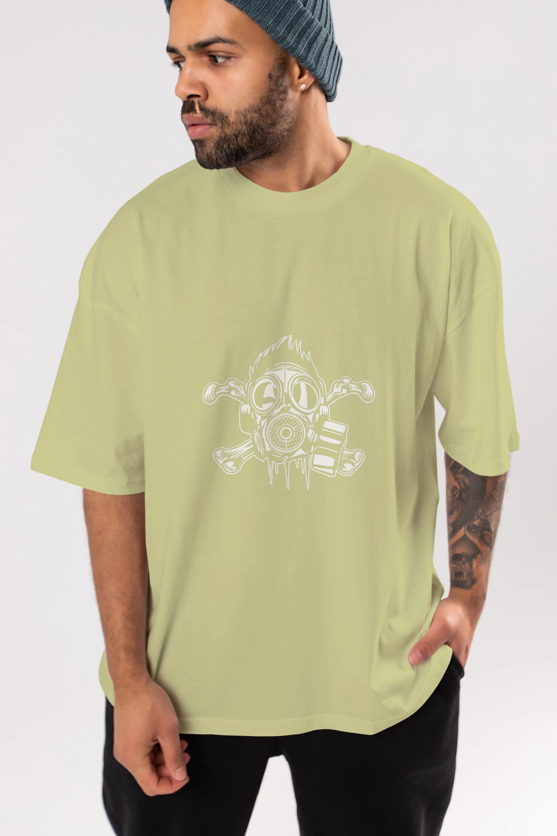 Cross Bones Gasmask Ön Baskılı Oversize t-shirt Erkek Kadın Unisex %100 Pamuk tişort