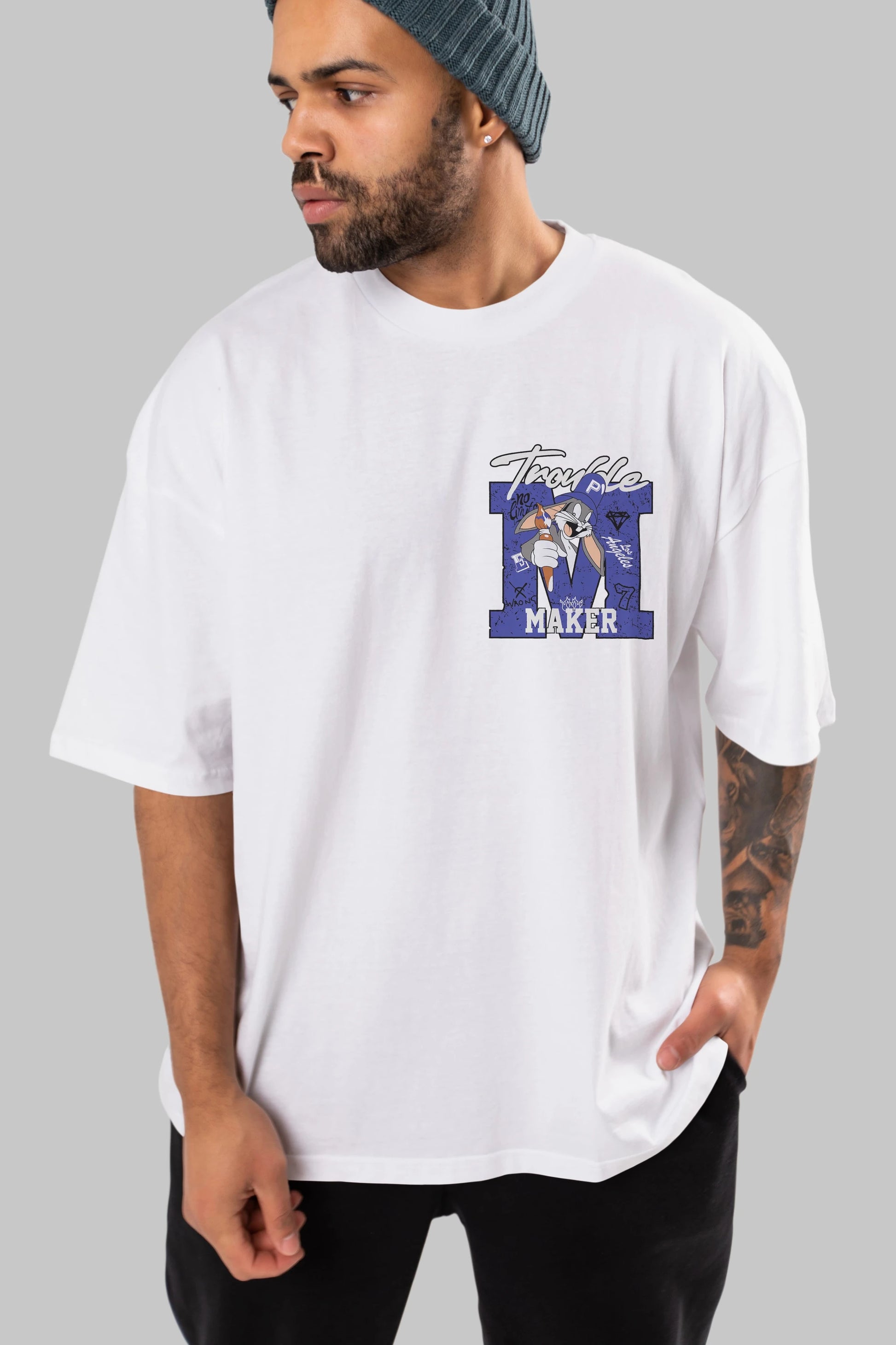 Bugs Bunny Ön Sol Baskılı Oversize t-shirt Erkek Kadın Unisex %100 Pamuk Bisiklet Yaka tişort