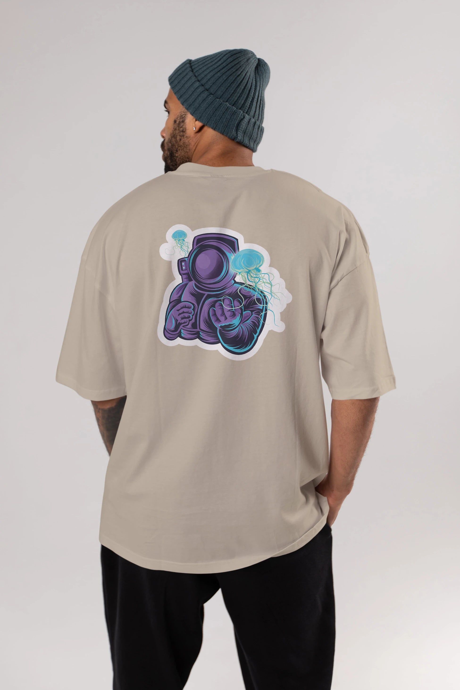 Astronaut and Jellyfish Sticker Arka Baskılı Oversize t-shirt Erkek Kadın Unisex