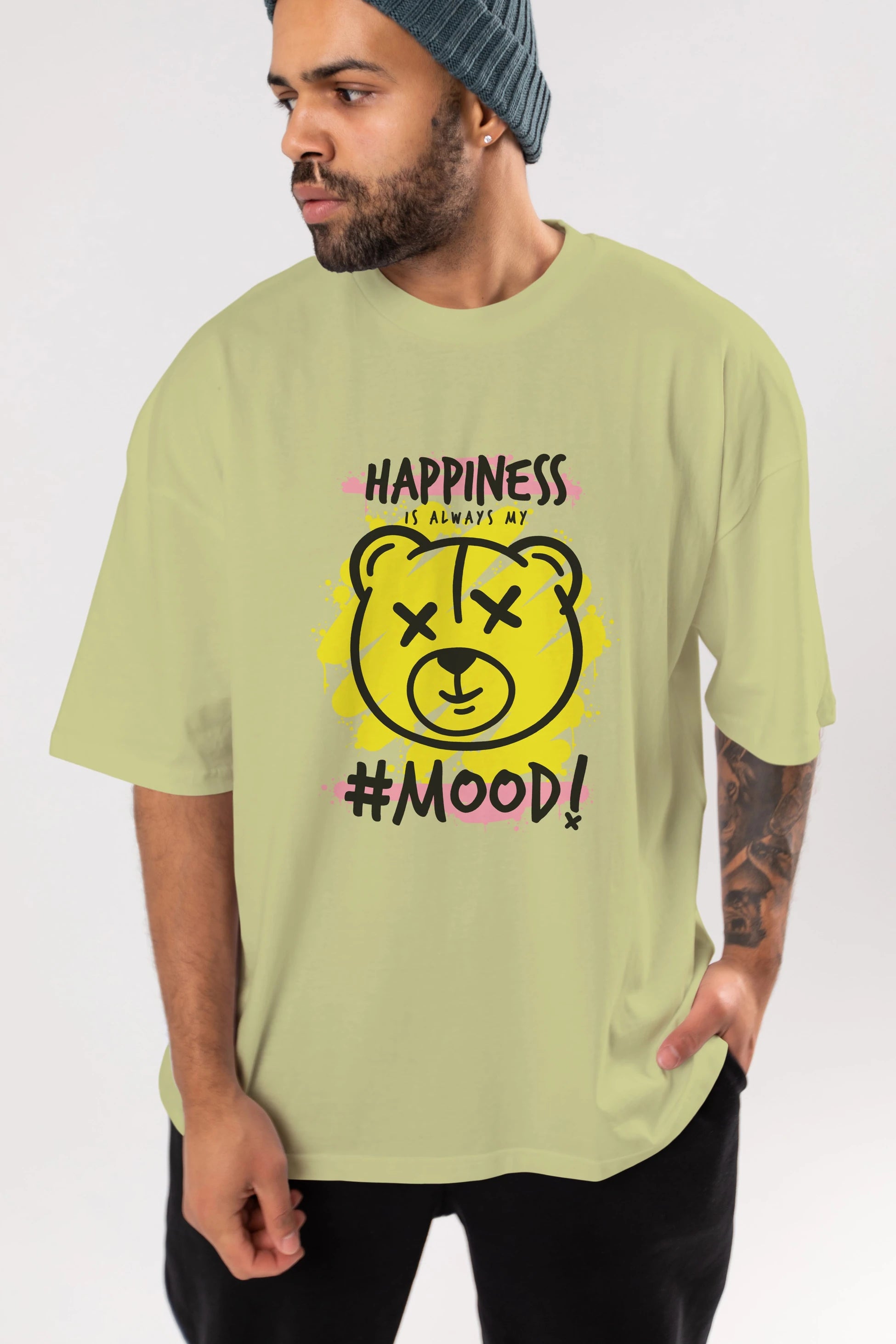 Happiness Mood Bear Ön Baskılı Oversize t-shirt Erkek Kadın Unisex