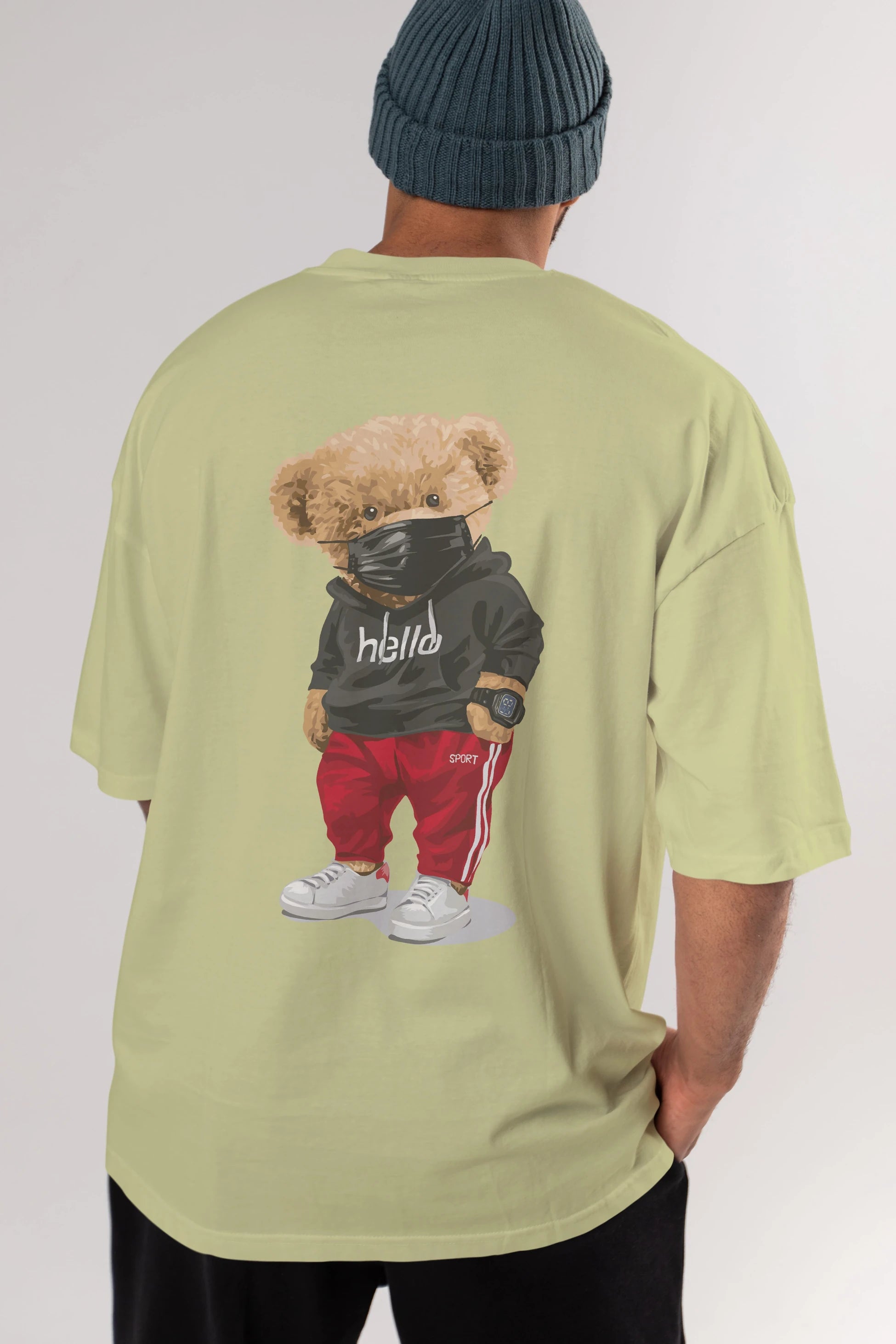 Teddy Bear Hello Sport Arka Baskılı Oversize t-shirt Erkek Kadın Unisex %100 Pamuk
