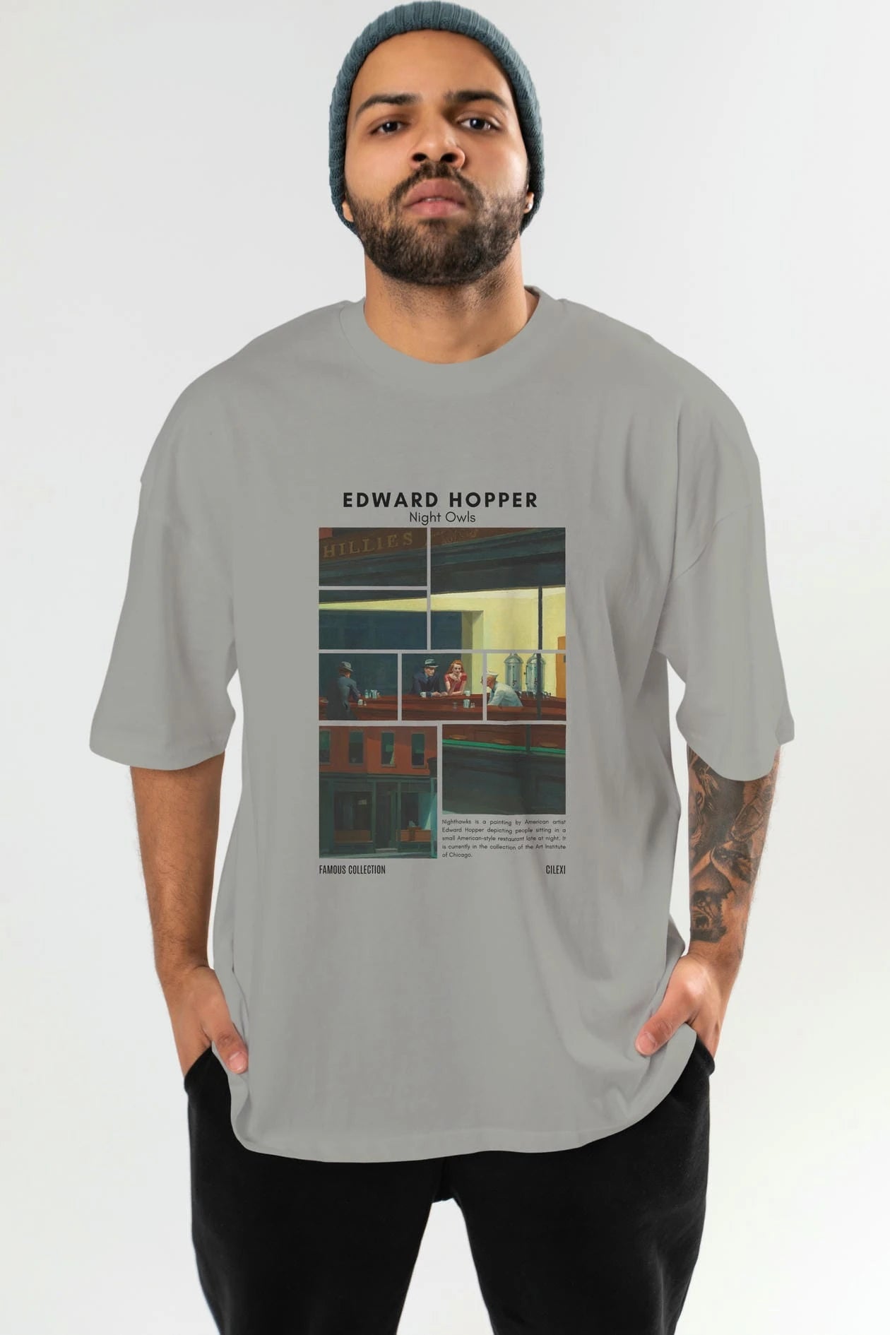 Edward Hopper Night Owls ön Baskılı Oversize t-shirt Erkek Kadın Bisiklet Yaka Pamuk tişort