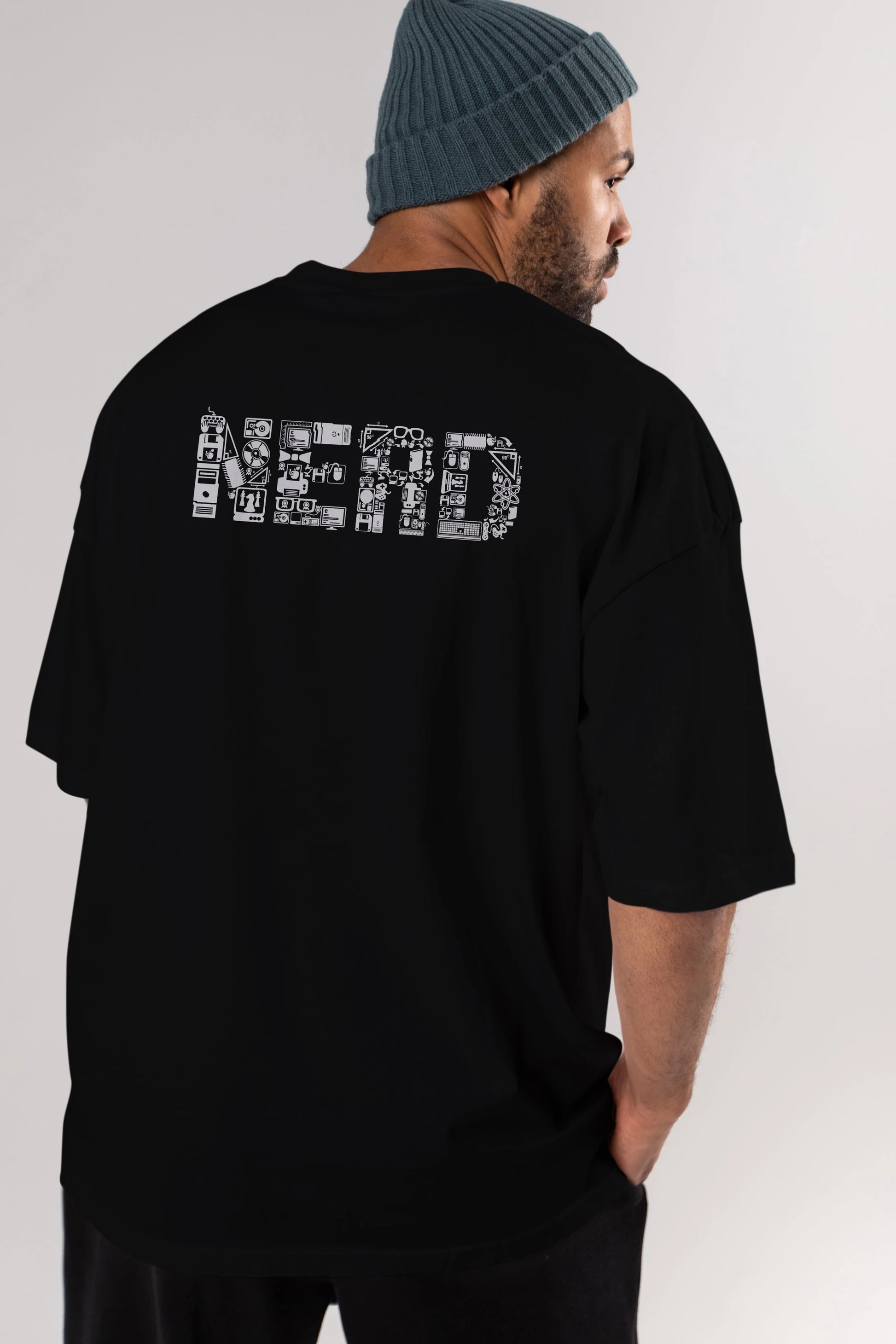 NERD Arka Baskılı Oversize t-shirt %100 pamuk Erkek Kadın Unisex