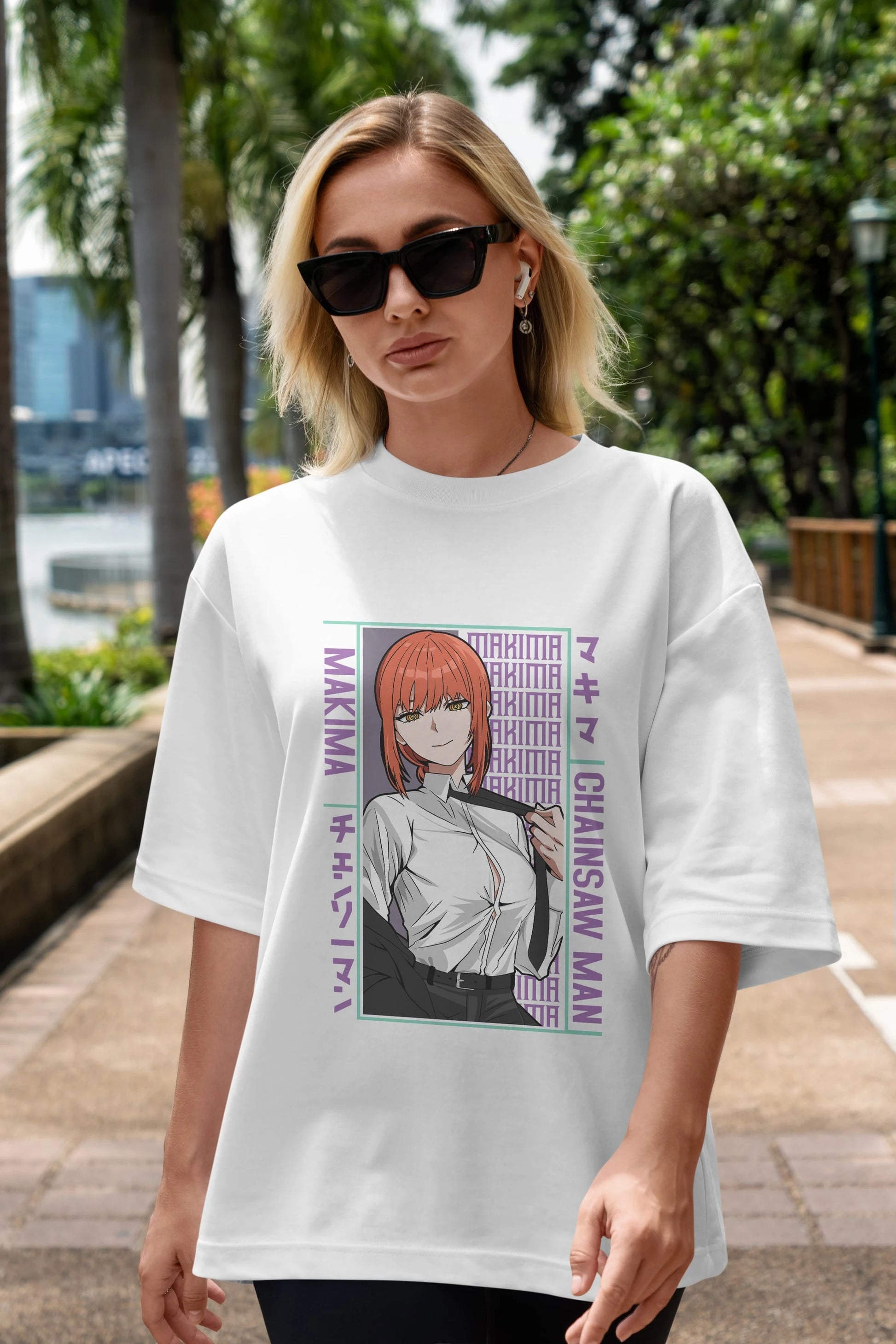 Makima Chain Saw Man Anime Ön Baskılı Oversize t-shirt %100 pamuk Erkek Kadın Unisex