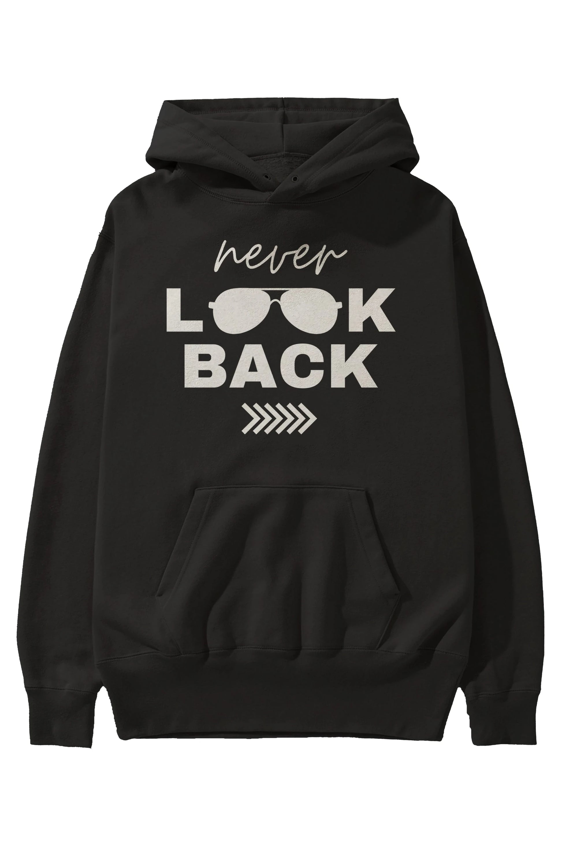 Never Look Back Yazılı Ön Baskılı Oversize Hoodie Kapüşonlu Sweatshirt Erkek Kadın Unisex