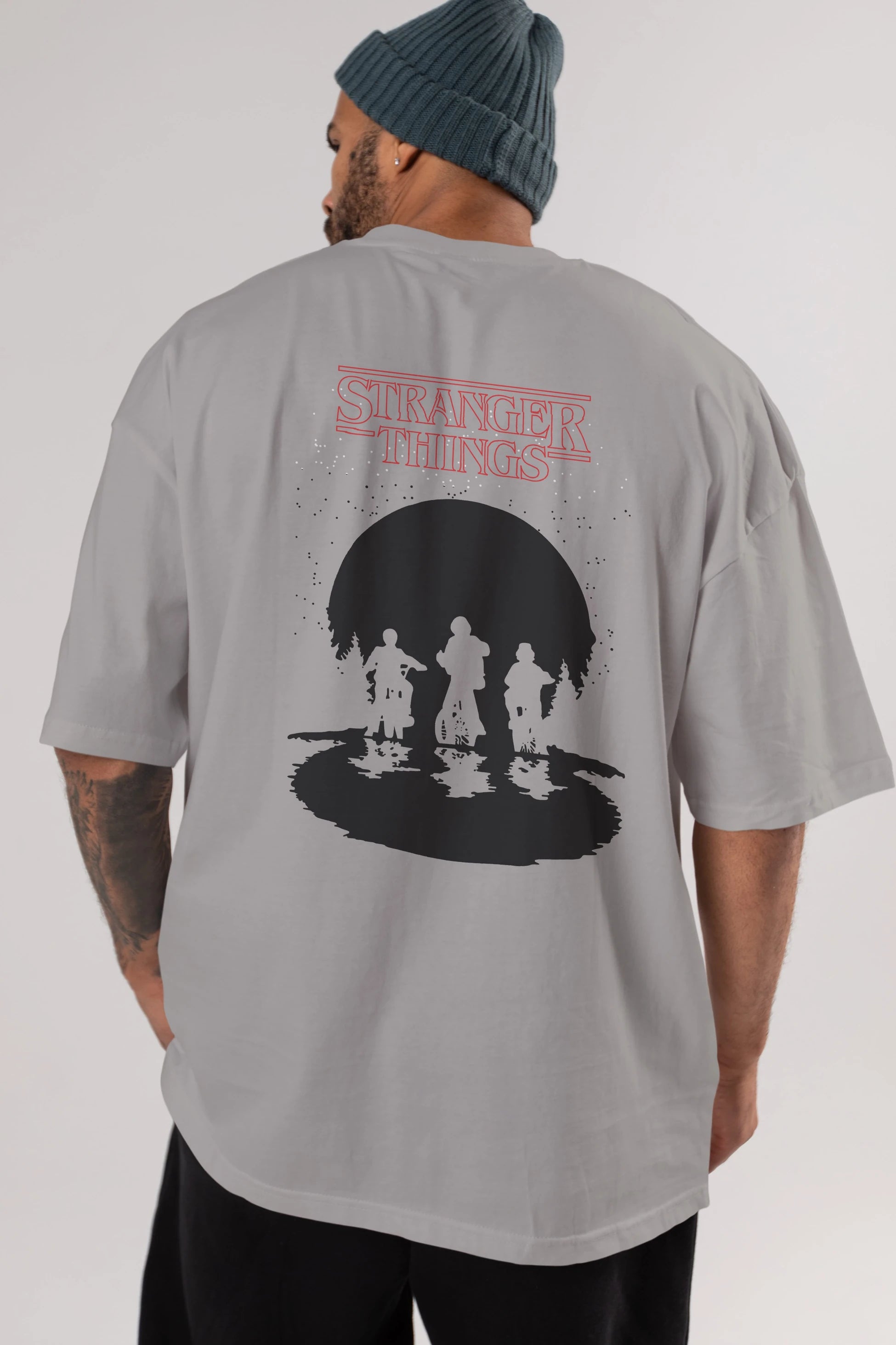 Stranger Things Arka Baskılı Oversize t-shirt Erkek Kadın Unisex %100 Pamuk Bisiklet Yaka tişort
