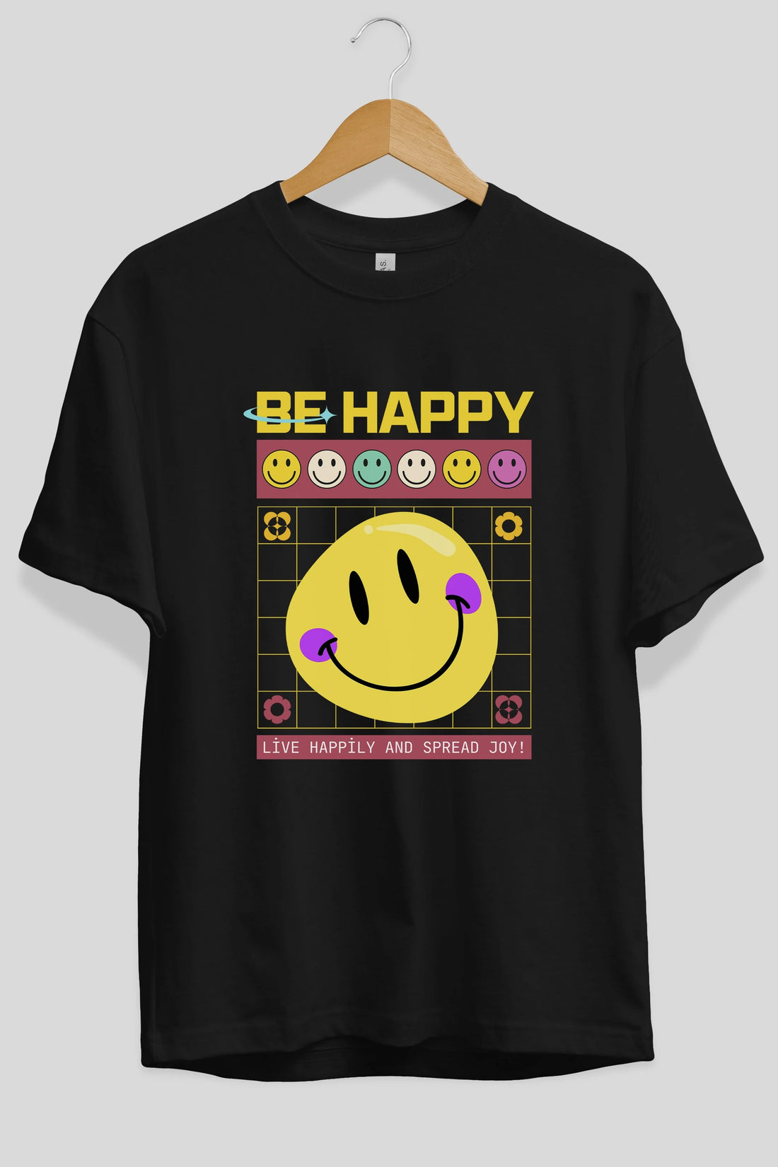 Be Happy Yazılı Ön Baskılı Oversize t-shirt Erkek Kadın Unisex
