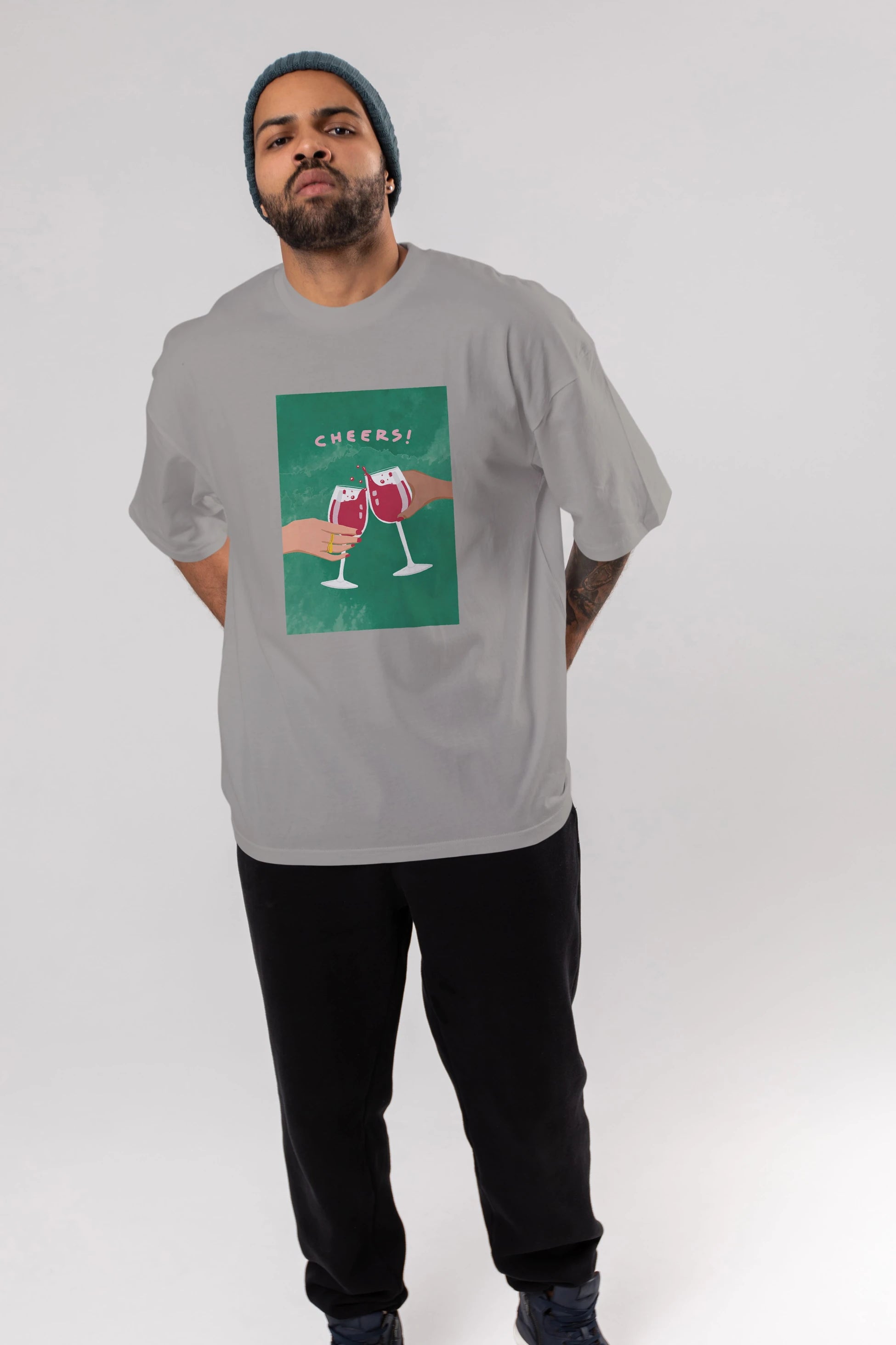 Cheers Ön Baskılı Oversize t-shirt Erkek Kadın Unisex %100 Pamuk Bisiklet Yaka tişort