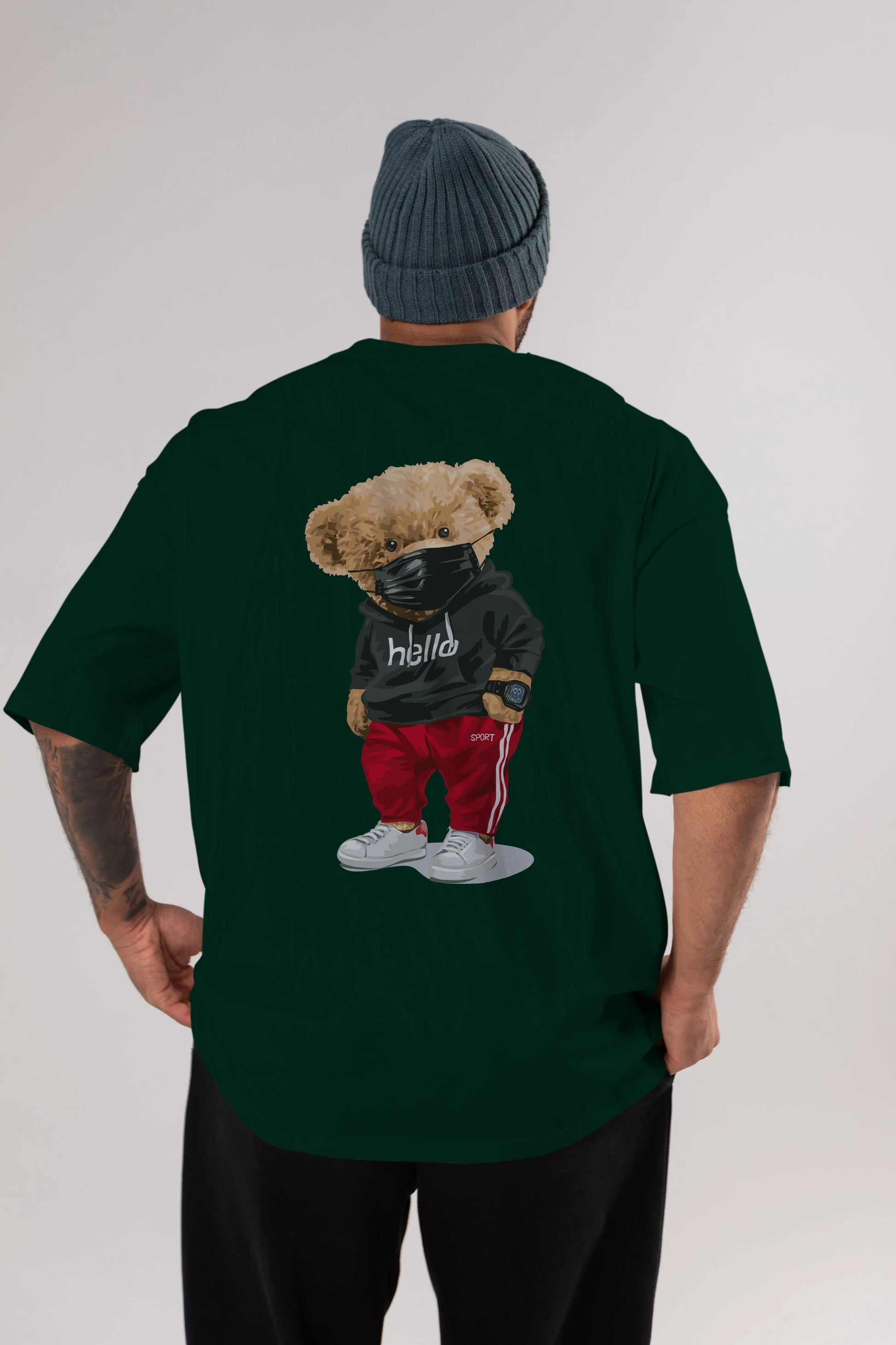 Teddy Bear Hello Sport Arka Baskılı Oversize t-shirt Erkek Kadın Unisex %100 Pamuk