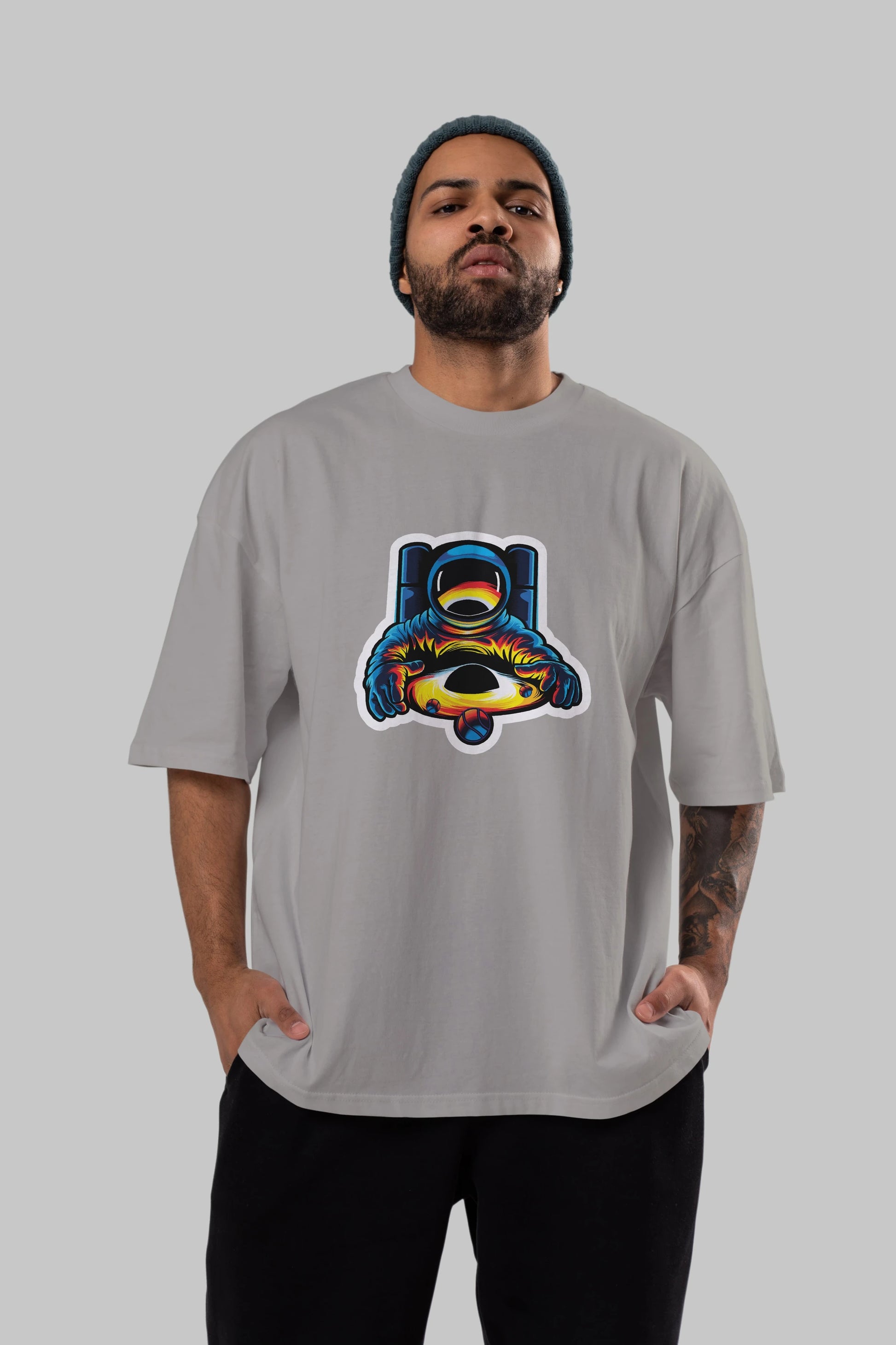 Astronaut & Black Hole Sticker Ön Baskılı Oversize t-shirt Erkek Kadın Unisex
