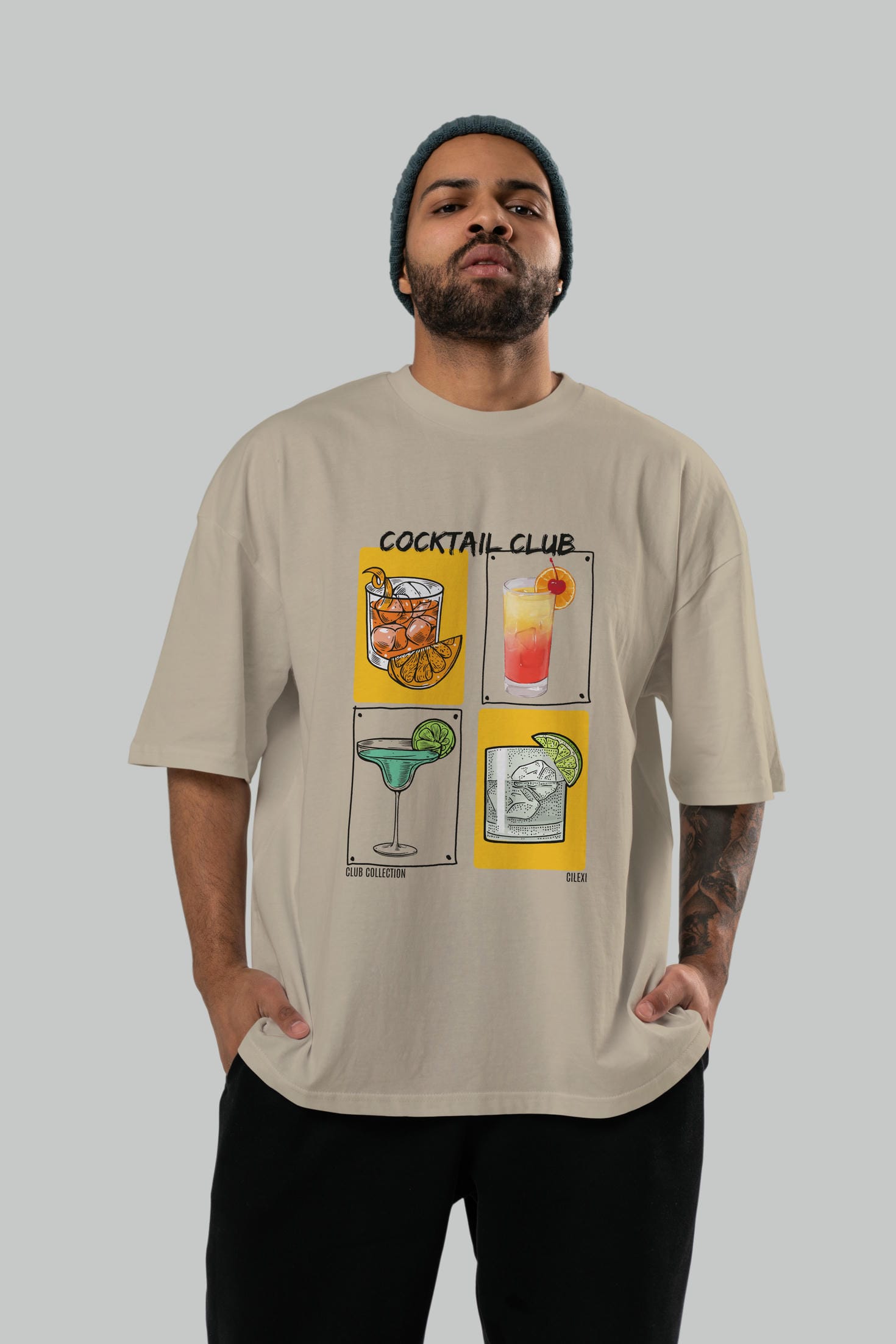 Cocktail Club ön Baskılı Oversize t-shirt Erkek Kadın %100 Pamuk Bisiklet Yaka tişort
