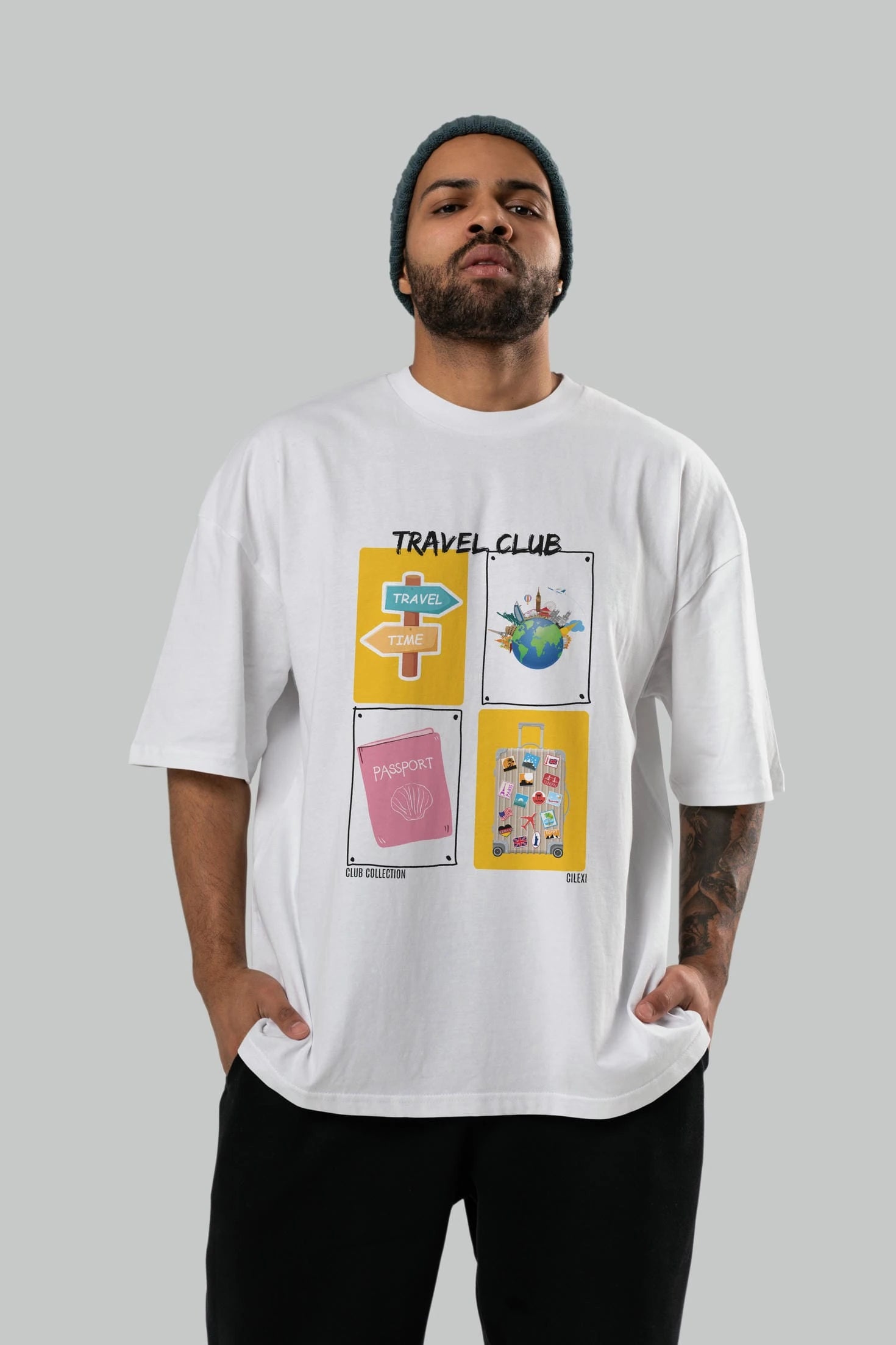 Travel Club ön Baskılı Oversize t-shirt Erkek Kadın %100 Pamuk Bisiklet Yaka tişort