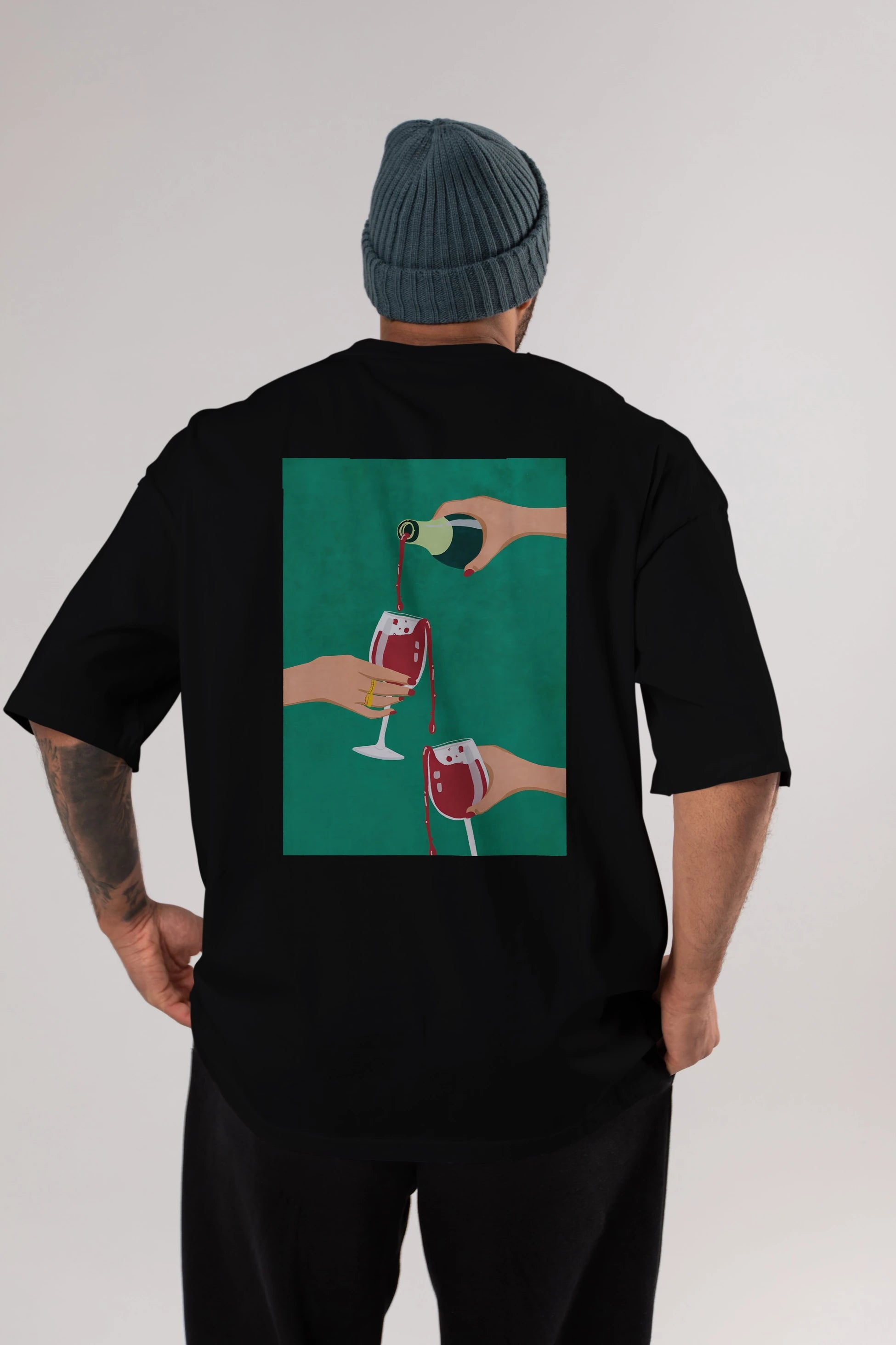 Wine 2 Arka Baskılı Oversize t-shirt Erkek Kadın Unisex %100 Pamuk Bisiklet Yaka tişort