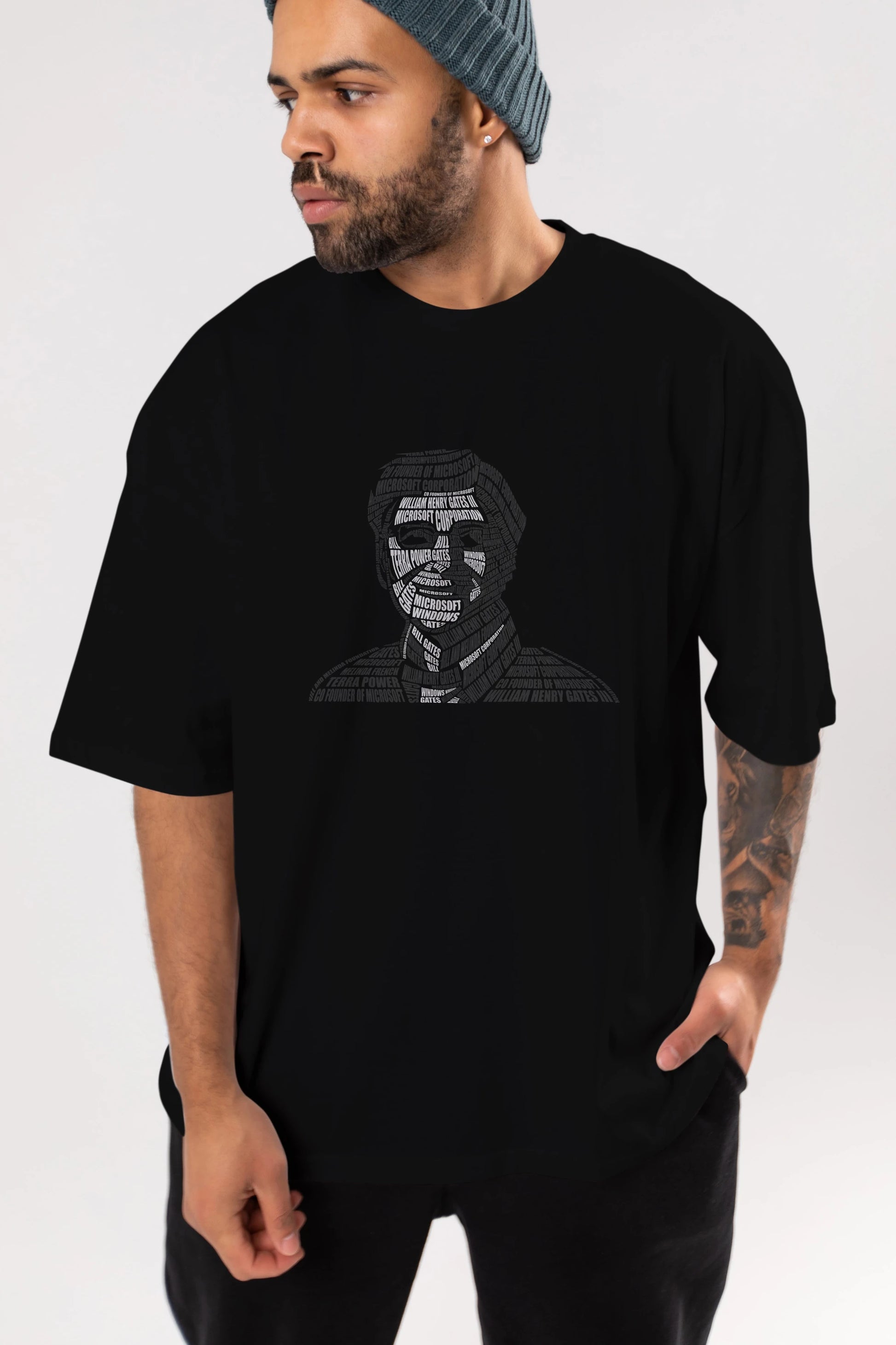 Bill Gates Calligram Ön Baskılı Oversize t-shirt %100 pamuk Erkek Kadın Unisex