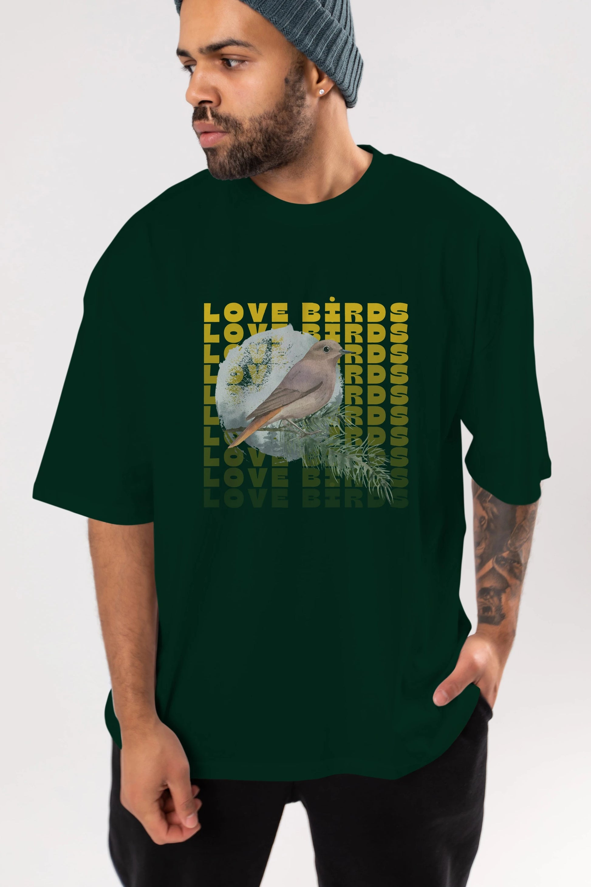 Love Birds Yazılı Ön Baskılı Oversize t-shirt Erkek Kadın Unisex