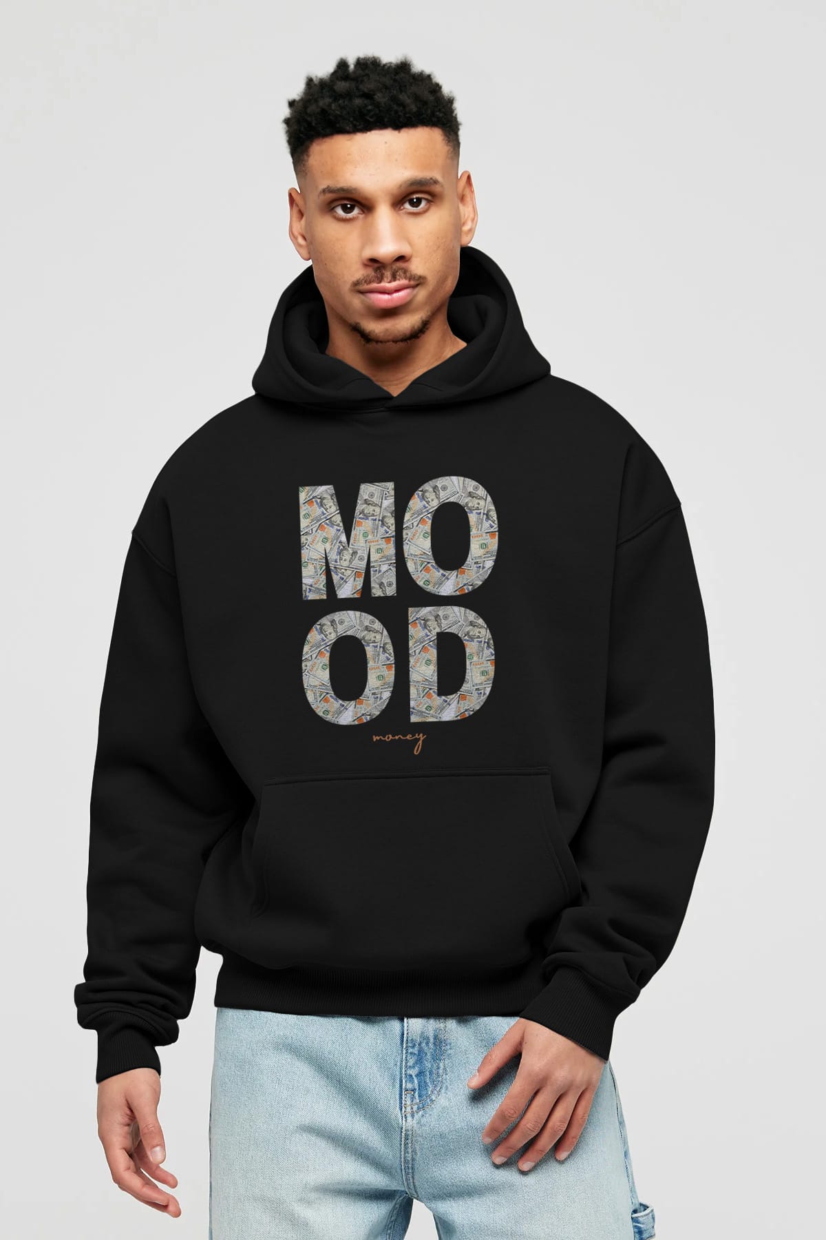 Mood Money Yazılı Ön Baskılı Oversize Hoodie Kapüşonlu Sweatshirt Erkek Kadın Unisex