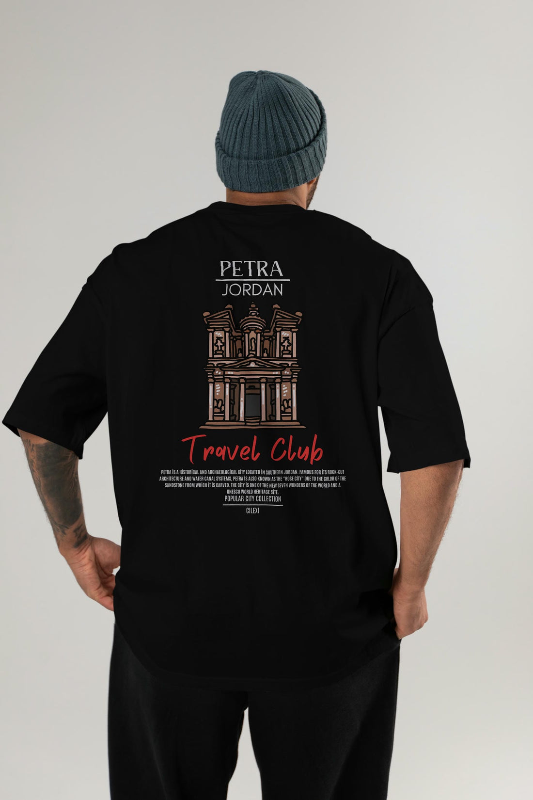Petra Jordan Arka Baskılı Oversize t-shirt Erkek Kadın Pamuk Bisiklet Yaka tişort