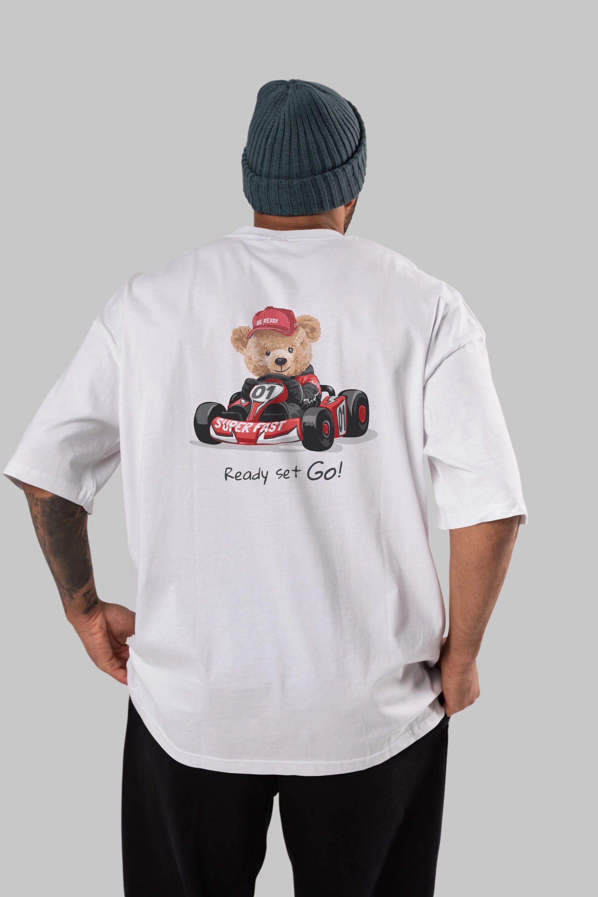 Teddy Bear Ready Set Go Arka Baskılı Oversize t-shirt Erkek Kadın Unisex %100 Pamuk