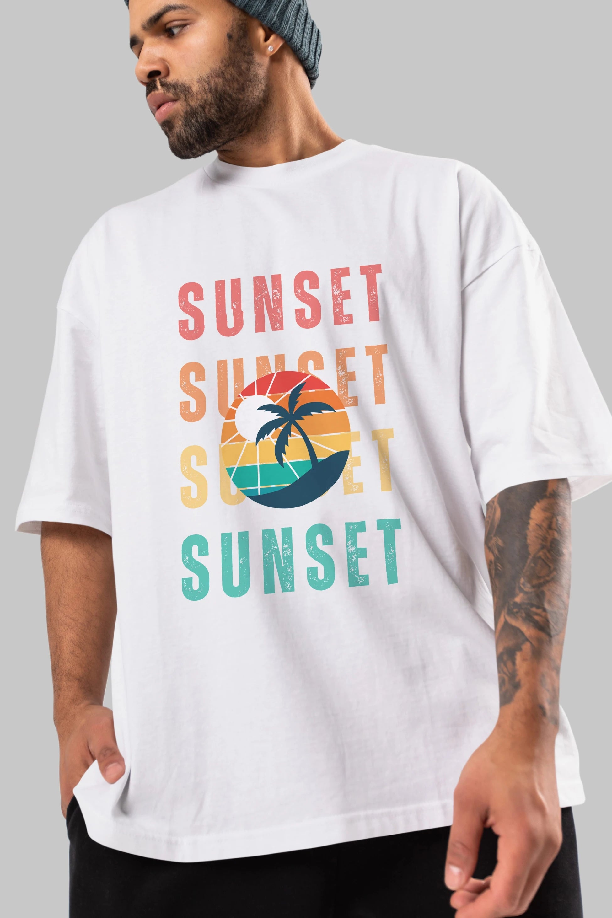 Sunset Yazılı Ön Baskılı Oversize t-shirt Erkek Kadın Unisex