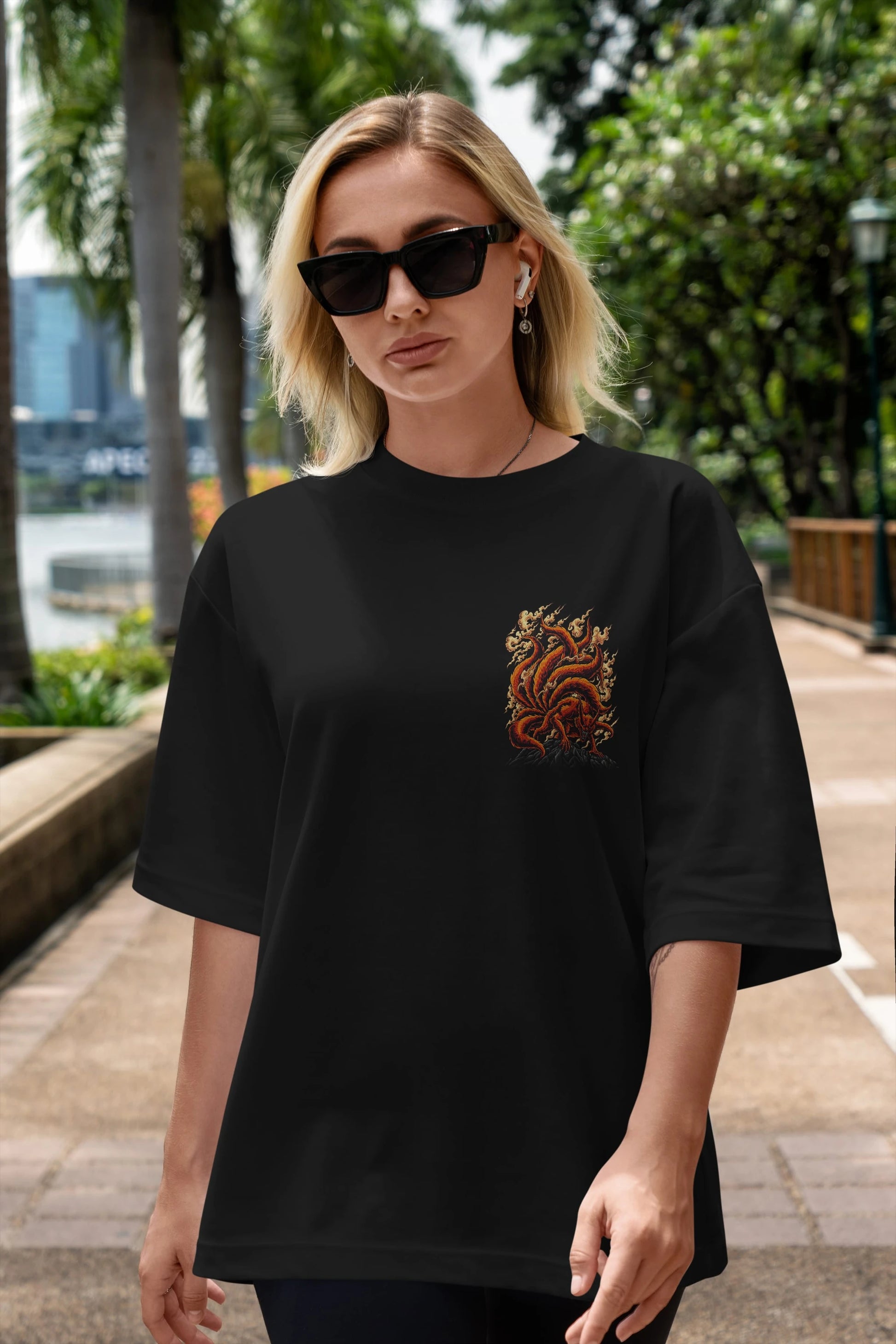 NARUTO KYUUBI Ön Sol Baskılı Oversize t-shirt Erkek Kadın Unisex %100 Pamuk Bisiklet Yaka tişort