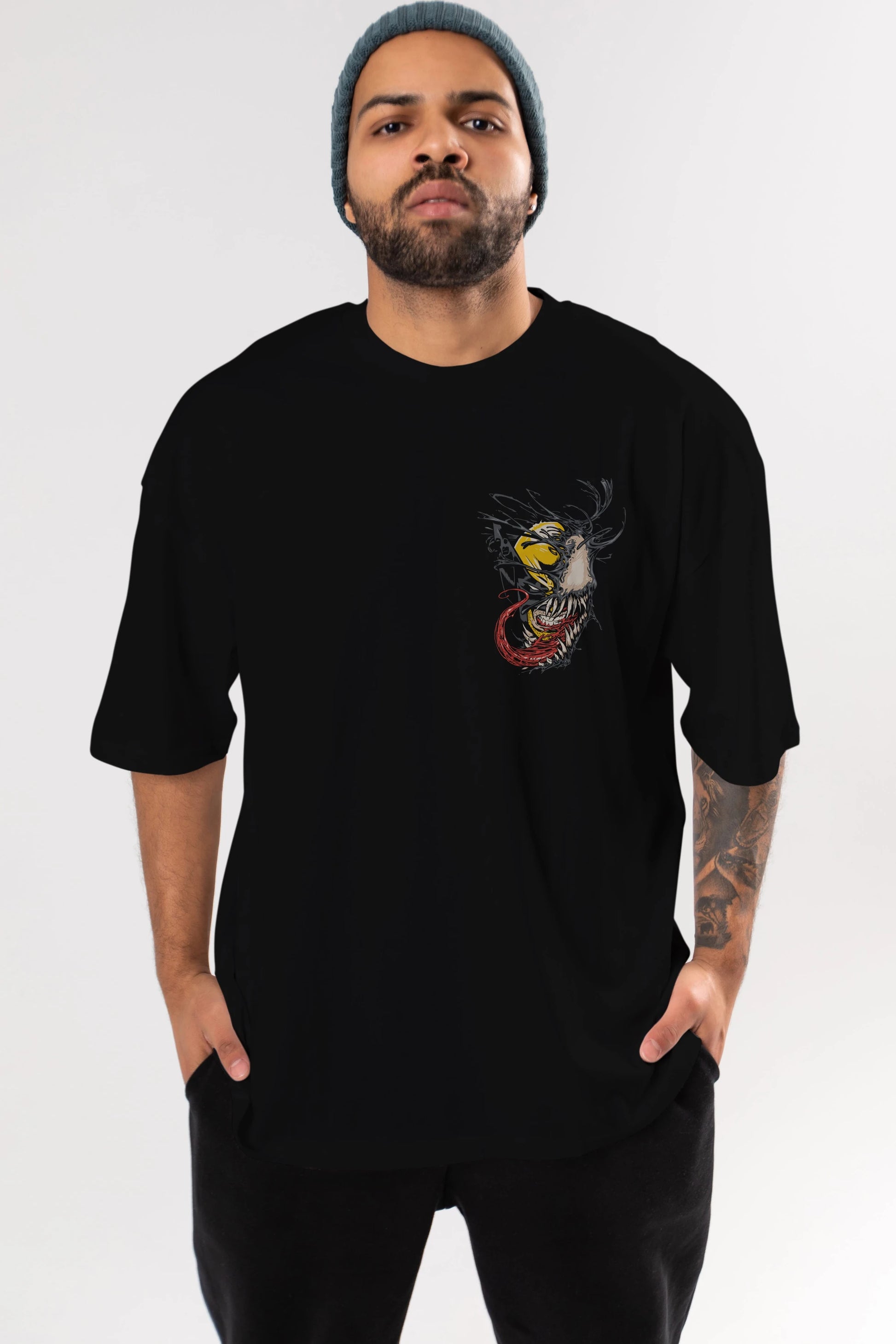 Venom (4) Ön Sol Baskılı Oversize t-shirt Erkek Kadın Unisex %100 Pamuk Bisiklet Yaka tişort