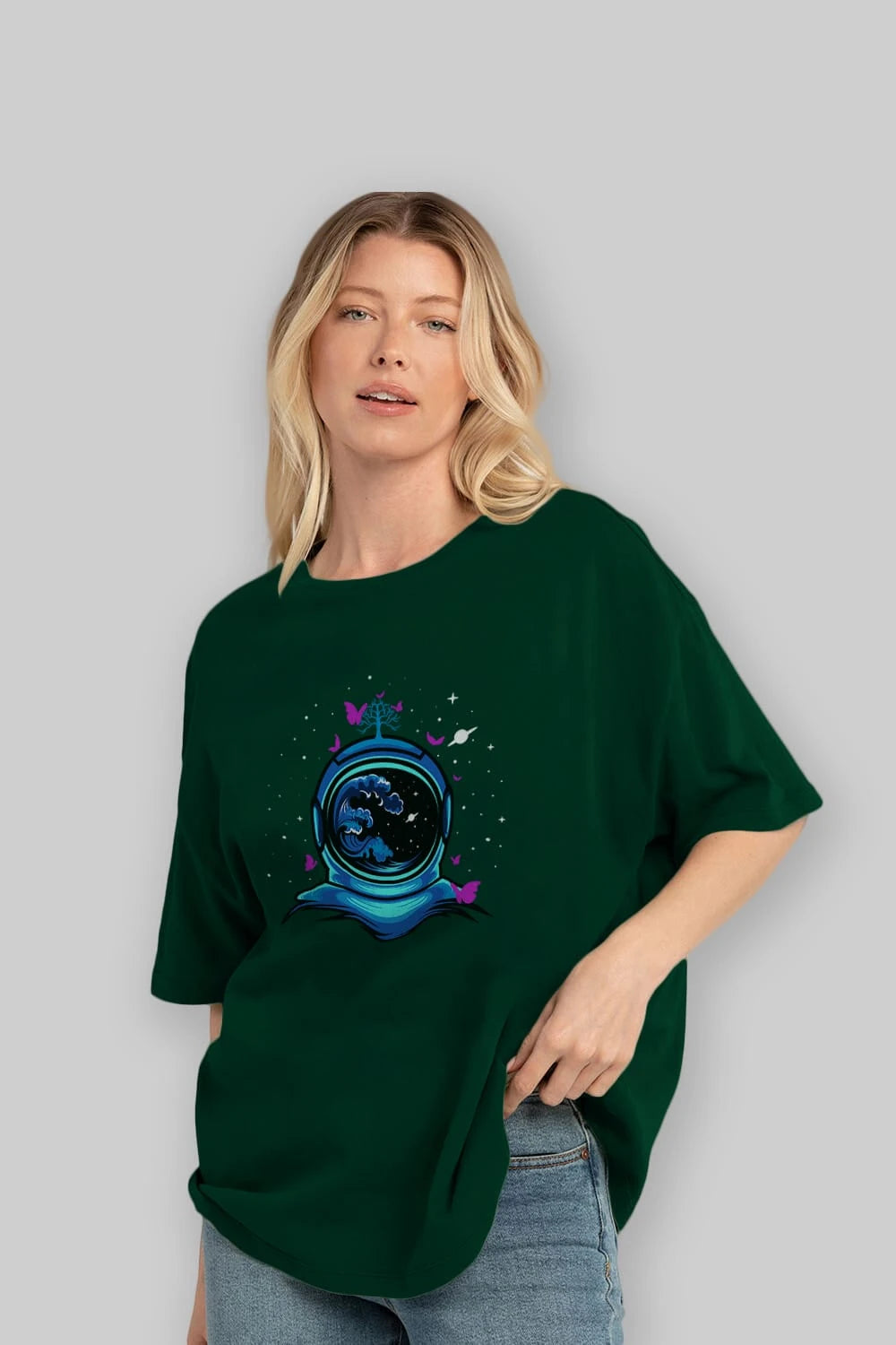 Astronaut and Butterfly Ön Baskılı Oversize t-shirt Erkek Kadın Unisex