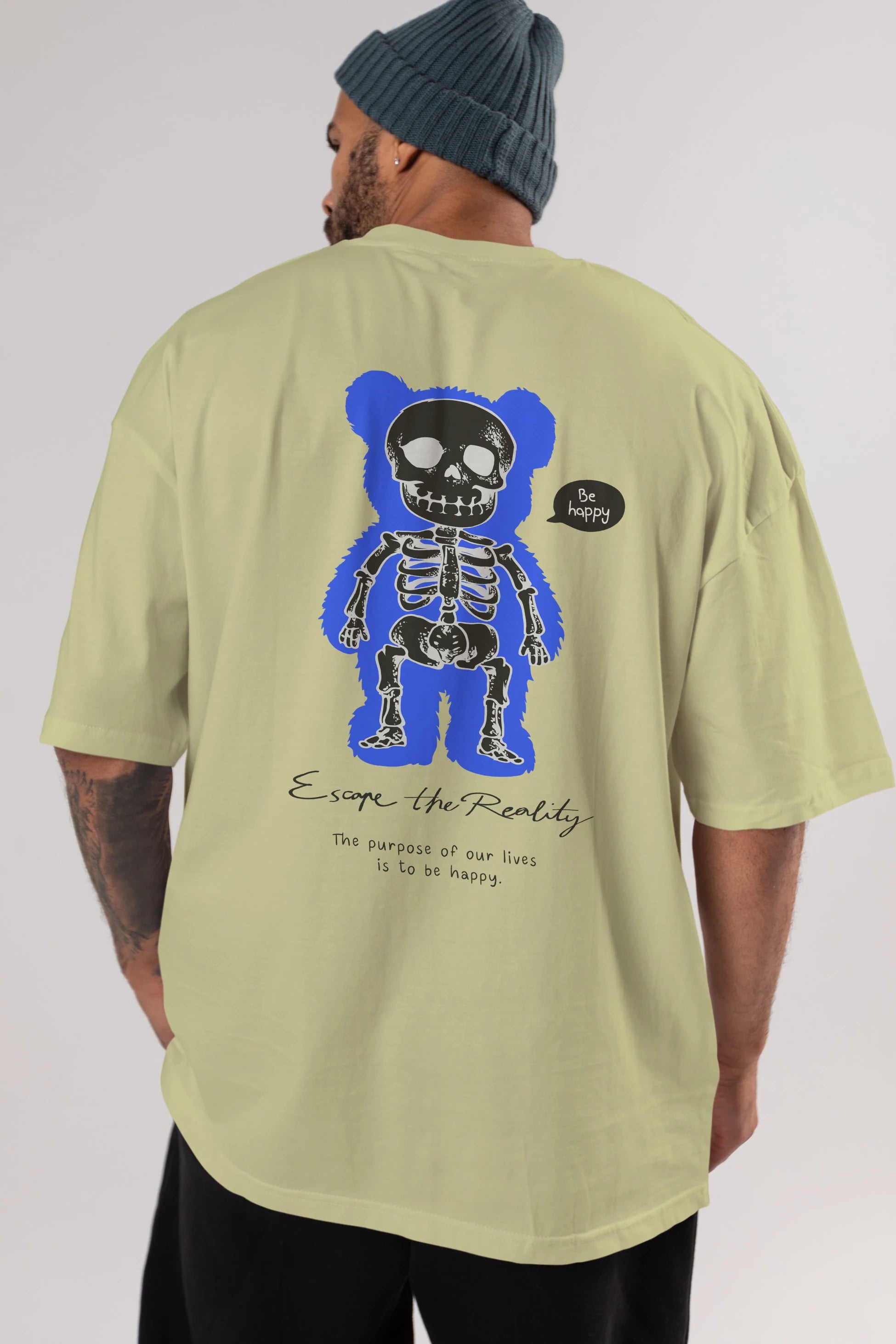 Be Happy Bear Arka Baskılı Oversize t-shirt Erkek Kadın Unisex