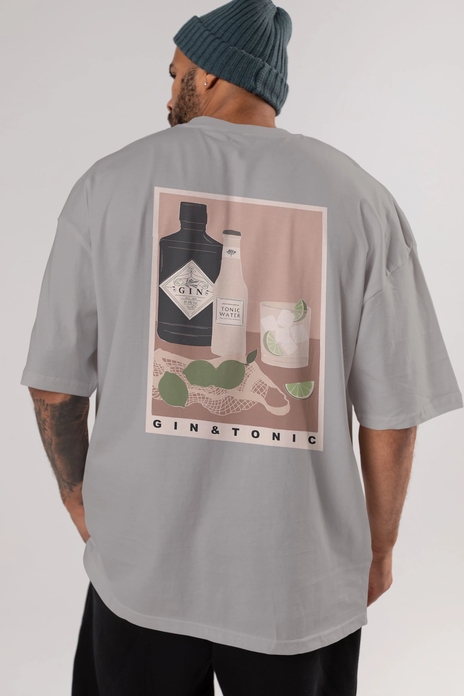 Gin Tonic Arka Baskılı Oversize t-shirt Erkek Kadın Unisex %100 Pamuk Bisiklet Yaka tişort