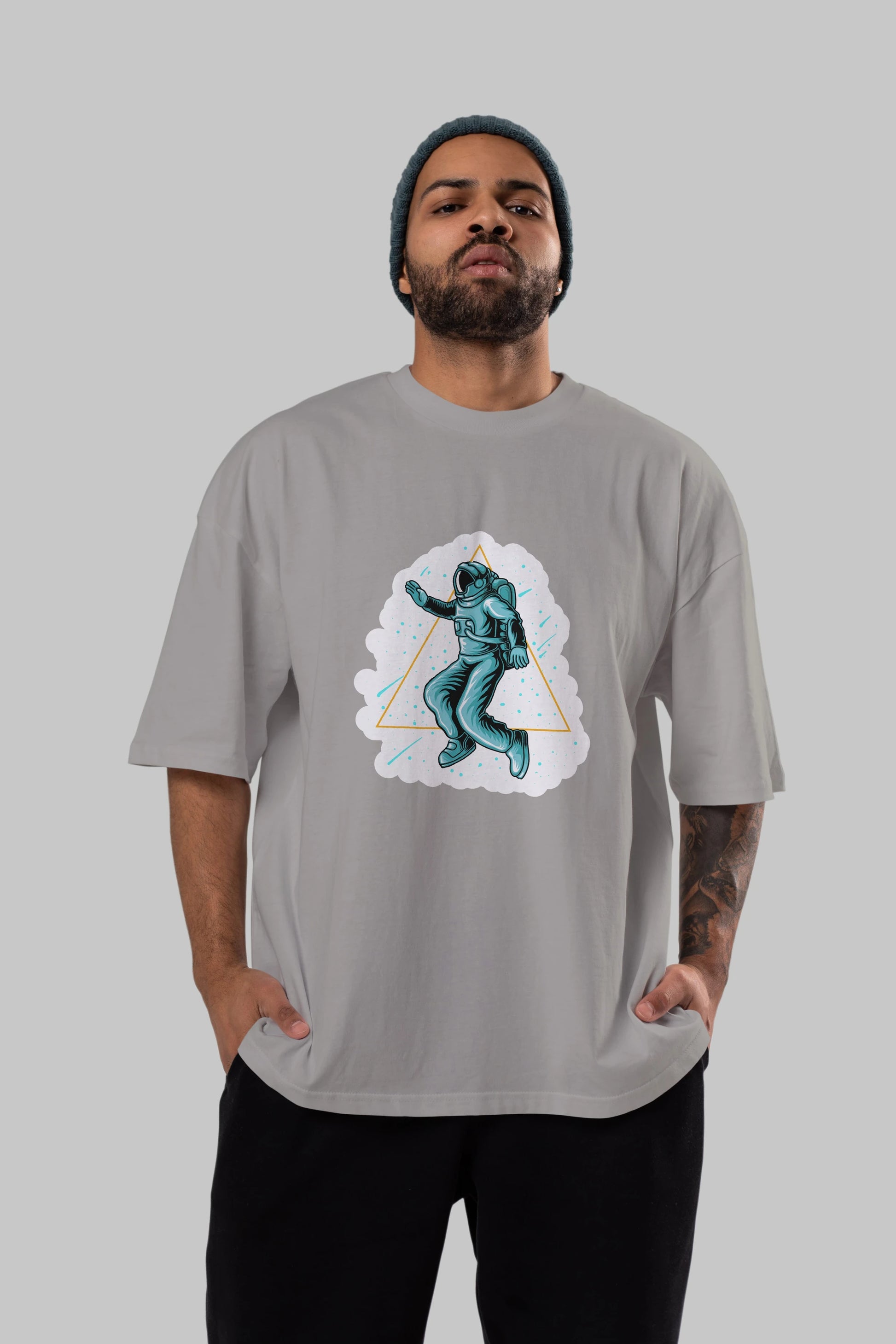 Astronaut Starry Triangle Sticker Ön Baskılı Oversize t-shirt Erkek Kadın Unisex