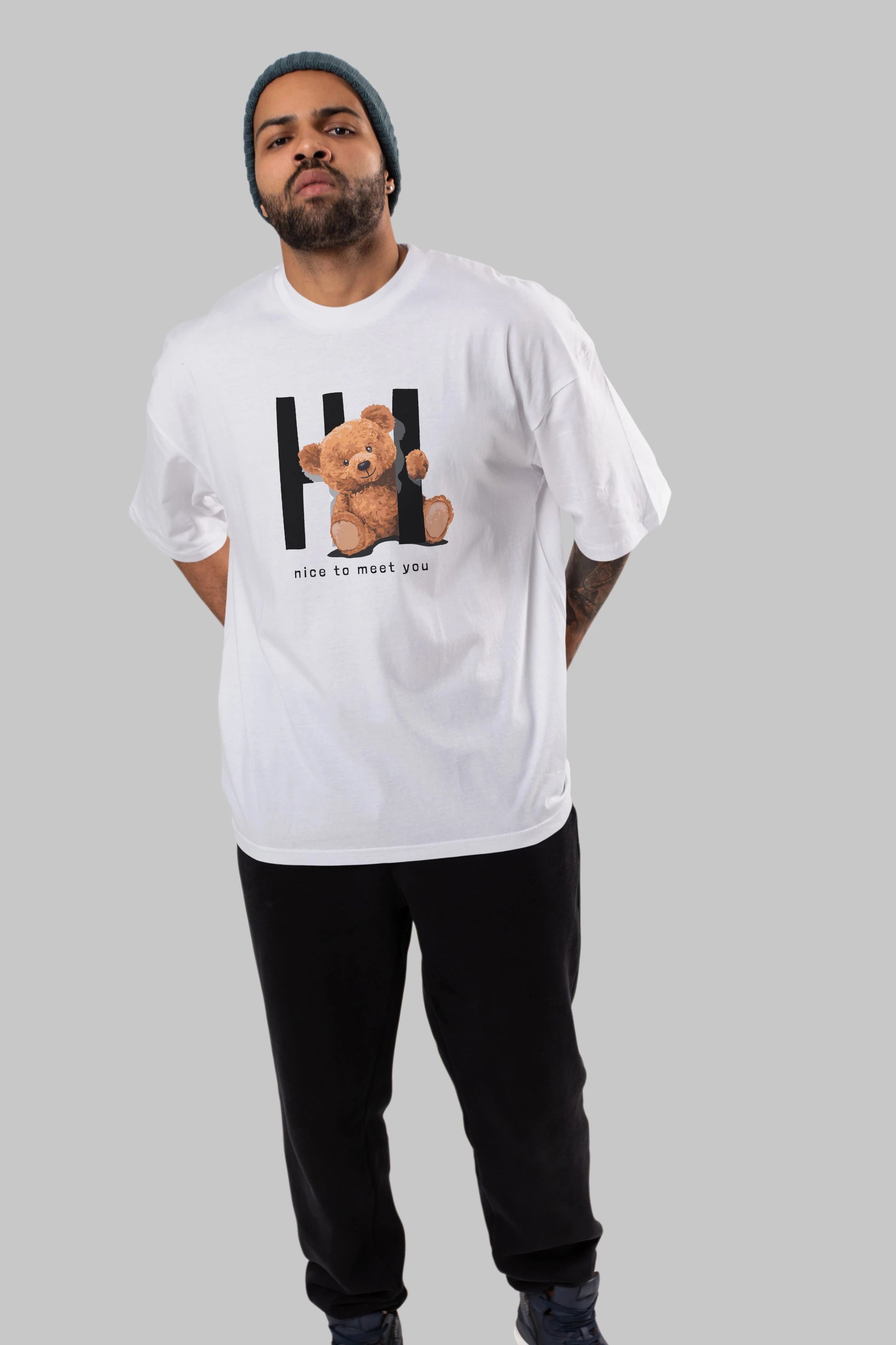 Teddy Bear Hi Nice To Meet You Ön Baskılı Oversize t-shirt Erkek Kadın Unisex %100 Pamuk
