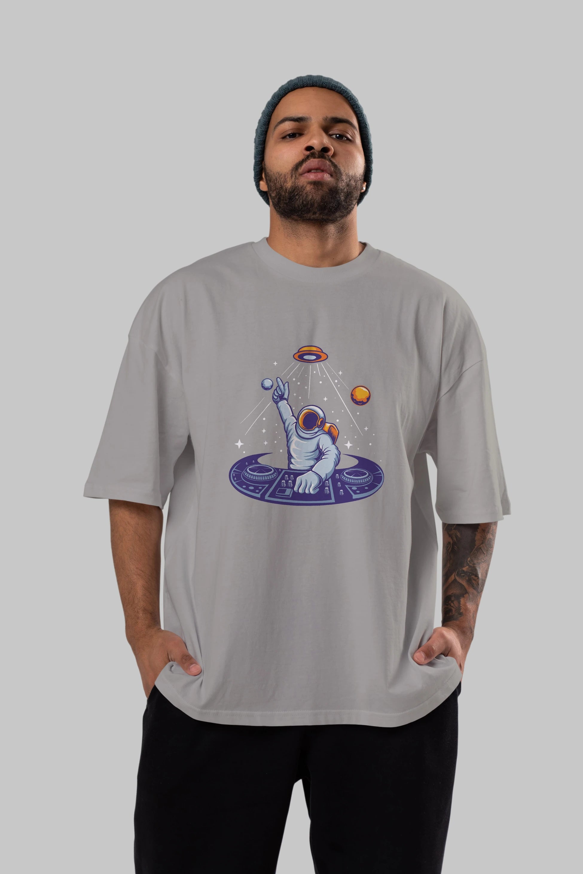 Astronaut Disk Jockey Party Ön Baskılı Oversize t-shirt Erkek Kadın Unisex