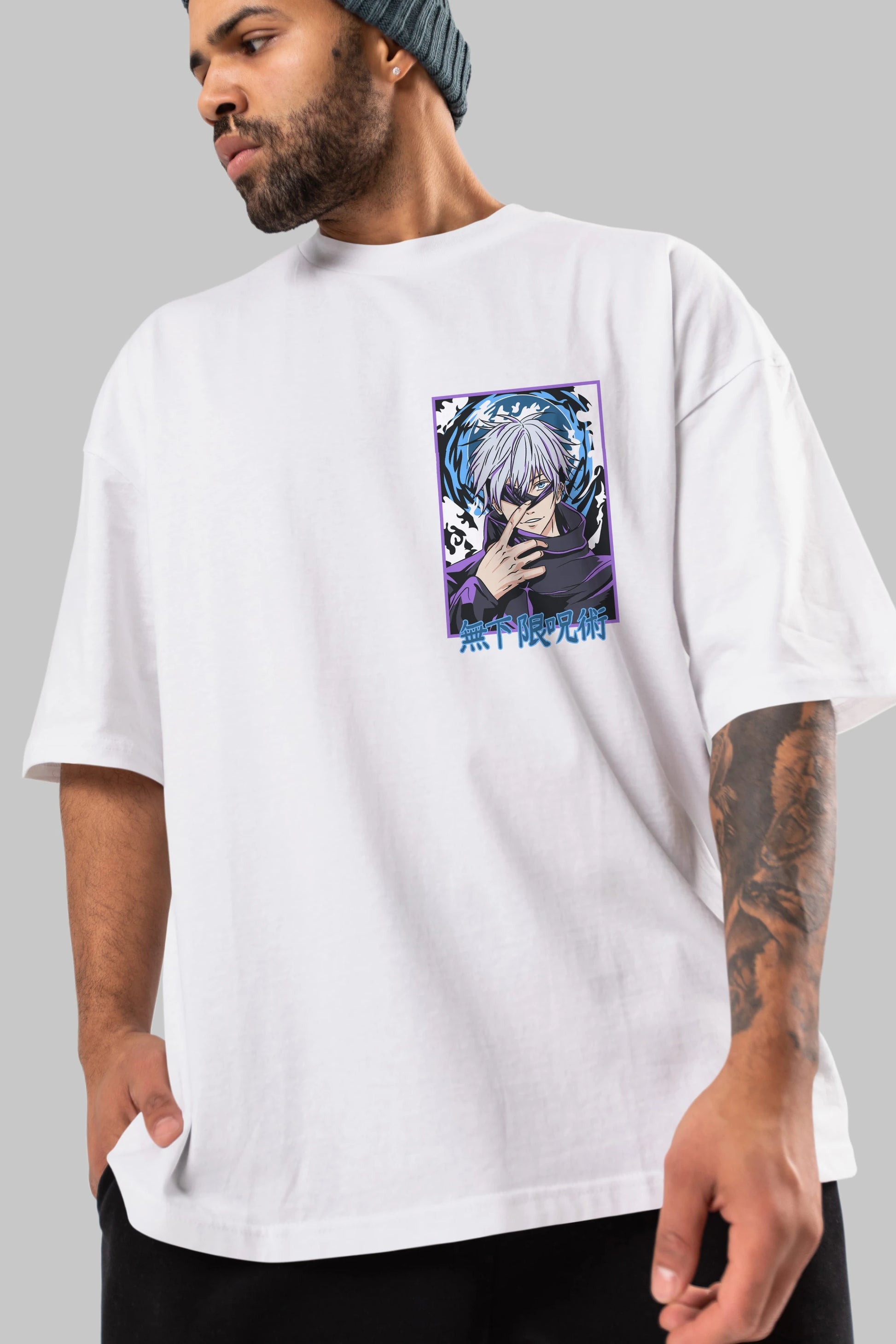 SATORU GOJO 3 Ön Sol Baskılı Oversize t-shirt Erkek Kadın Unisex %100 Pamuk Bisiklet Yaka tişort