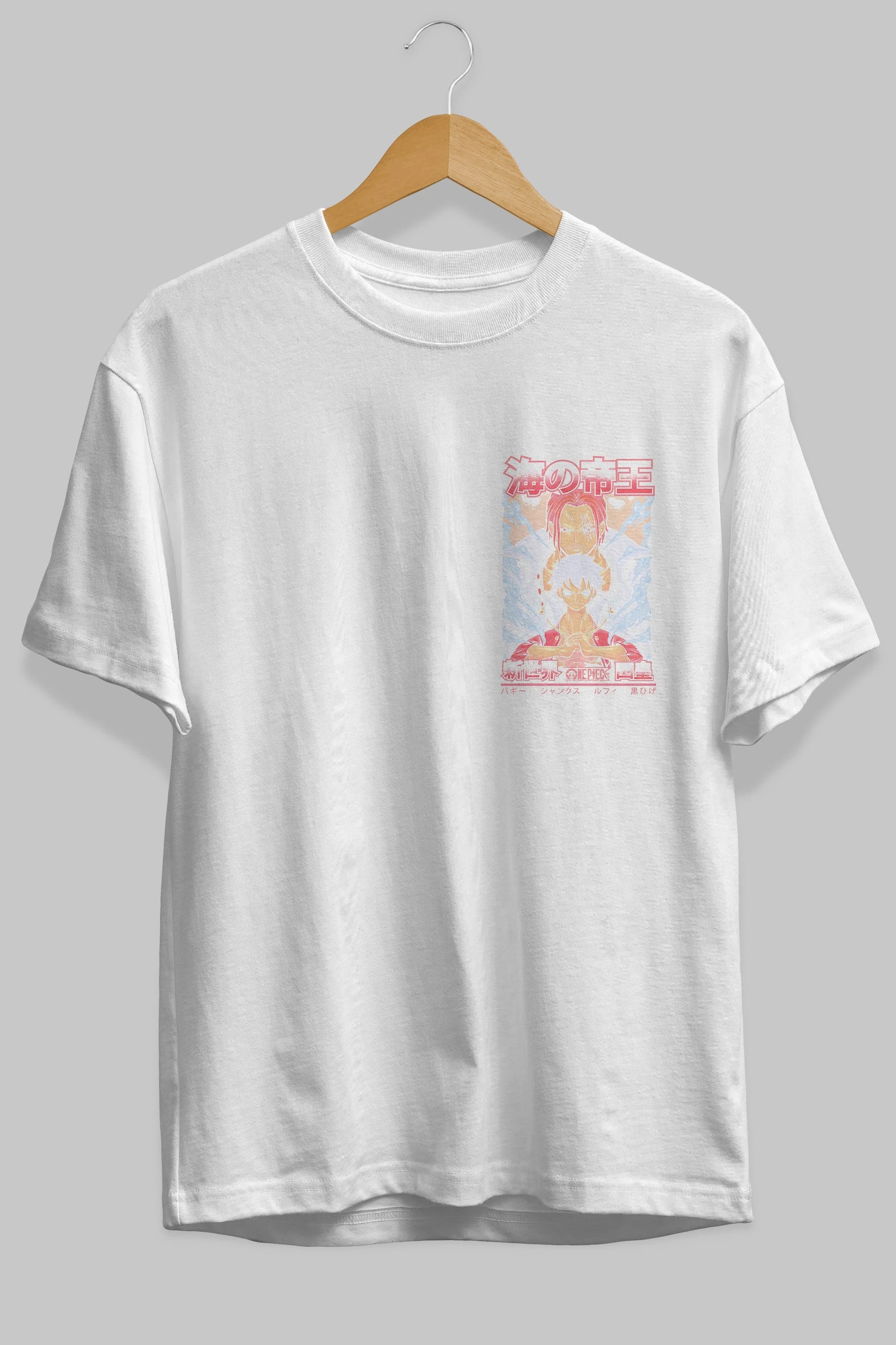 MONKEY D. LUFF and SHANKS Ön Sol Baskılı Oversize t-shirt Erkek Kadın Unisex %100 Pamuk Bisiklet Yaka tişort