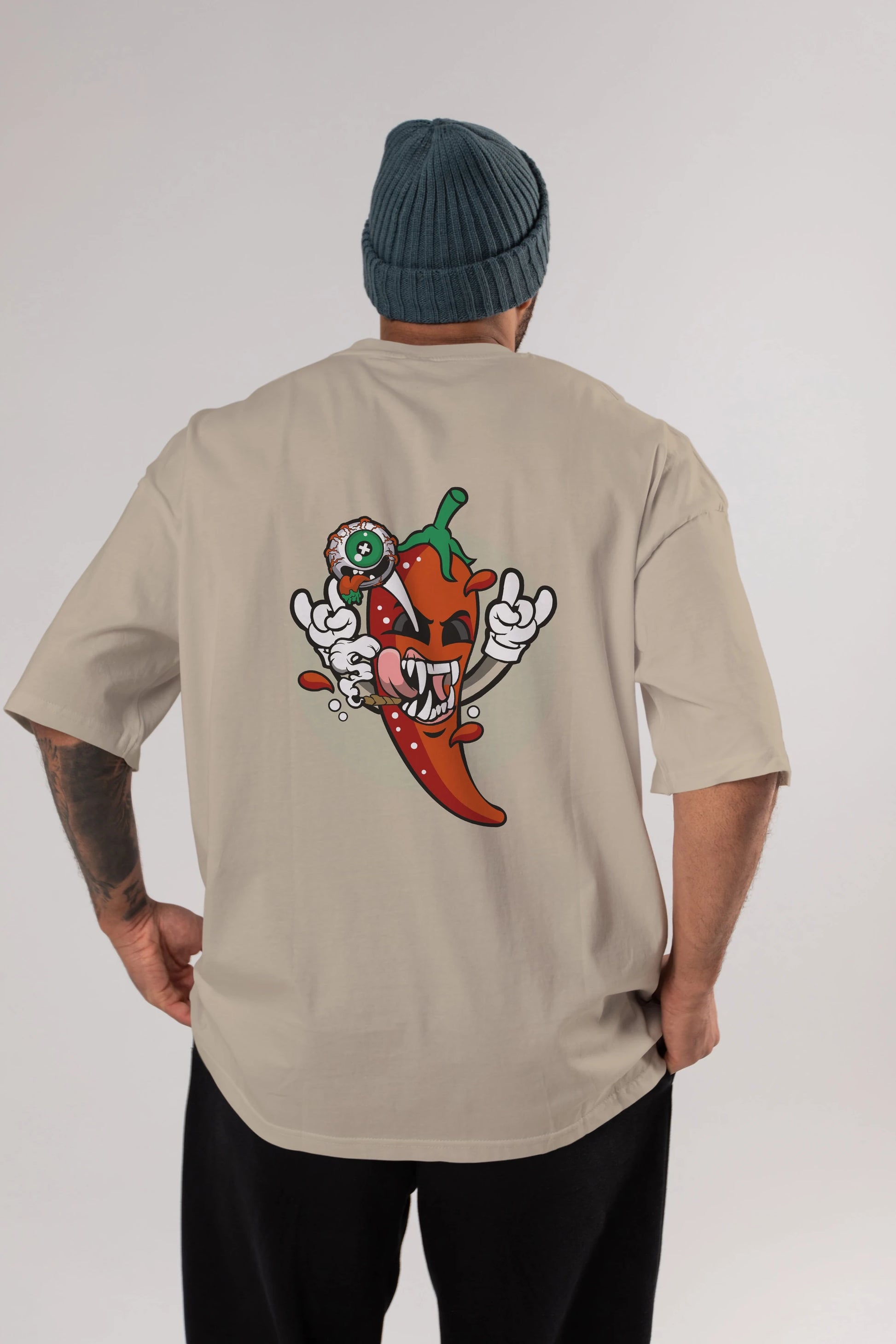 Chili Monster Arka Baskılı Oversize t-shirt Erkek Kadın Unisex %100 Pamuk tişort