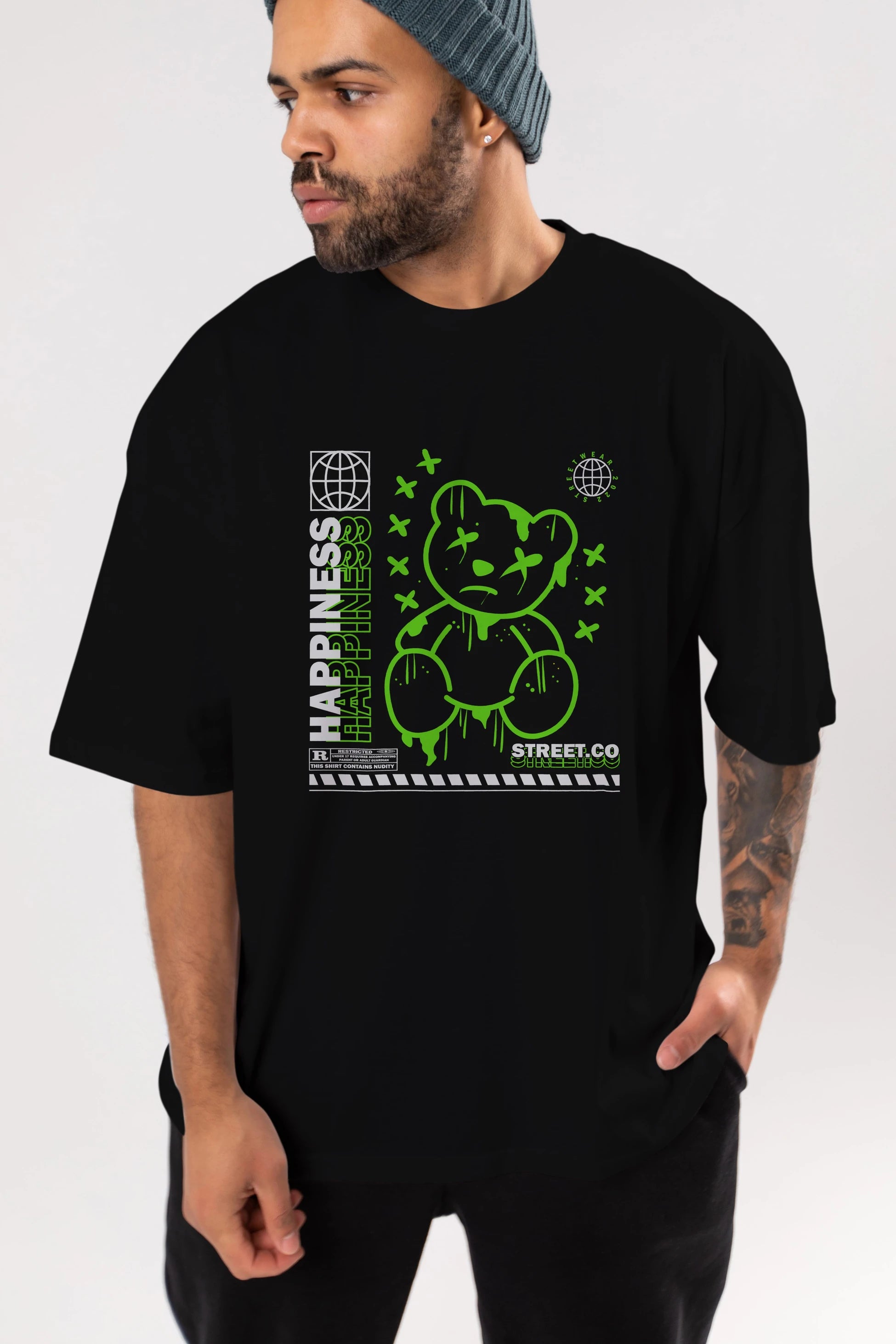 Happiness Bear 3 Ön Baskılı Oversize t-shirt Erkek Kadın Unisex