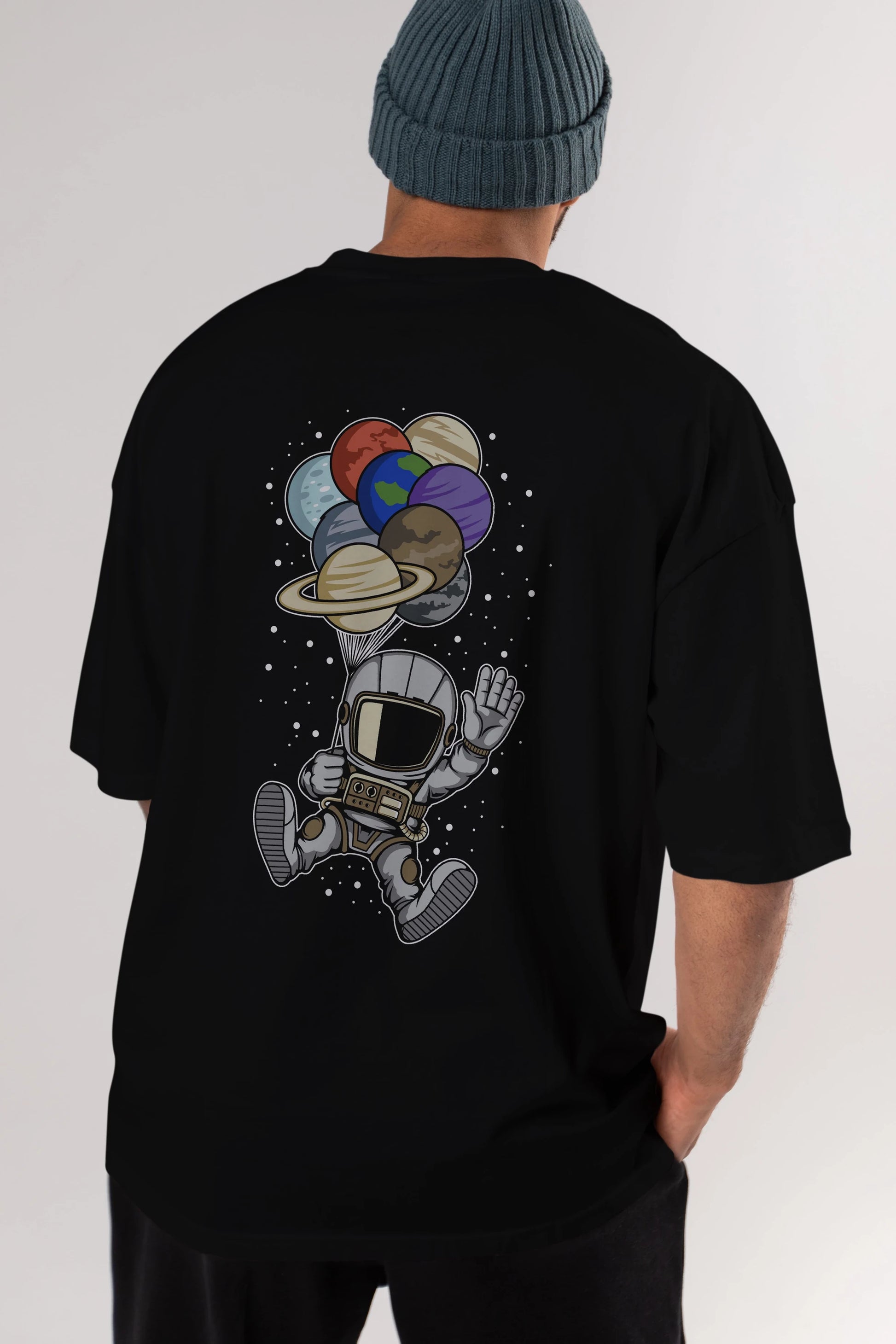 Astronaut Baloon Planets Arka Baskılı Oversize t-shirt Erkek Kadın Unisex