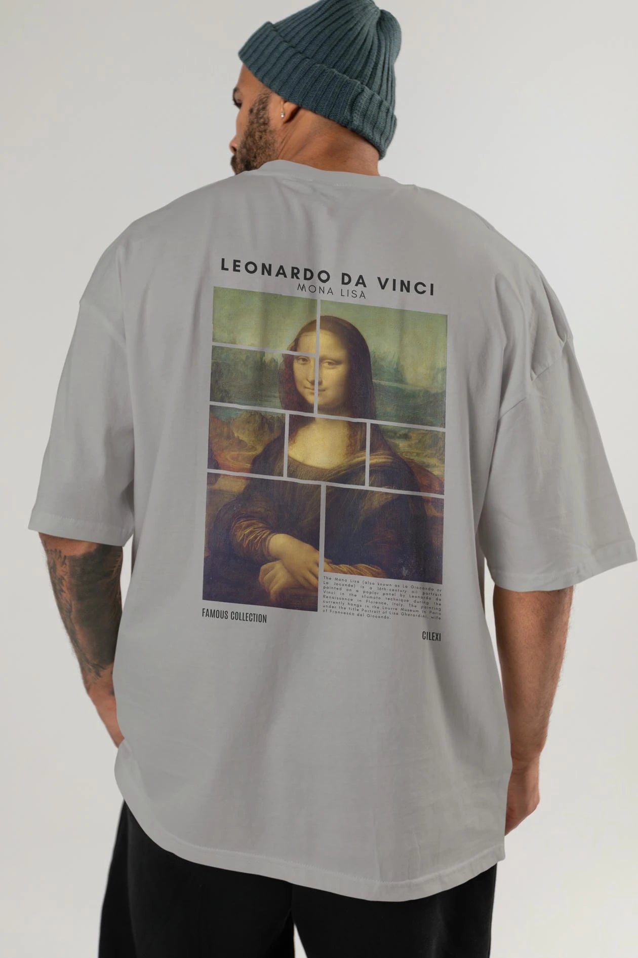 Leonardo Da Vinci Mona Lisa Arka Baskılı Oversize t-shirt Erkek Kadın Bisiklet Yaka Pamuk tişort